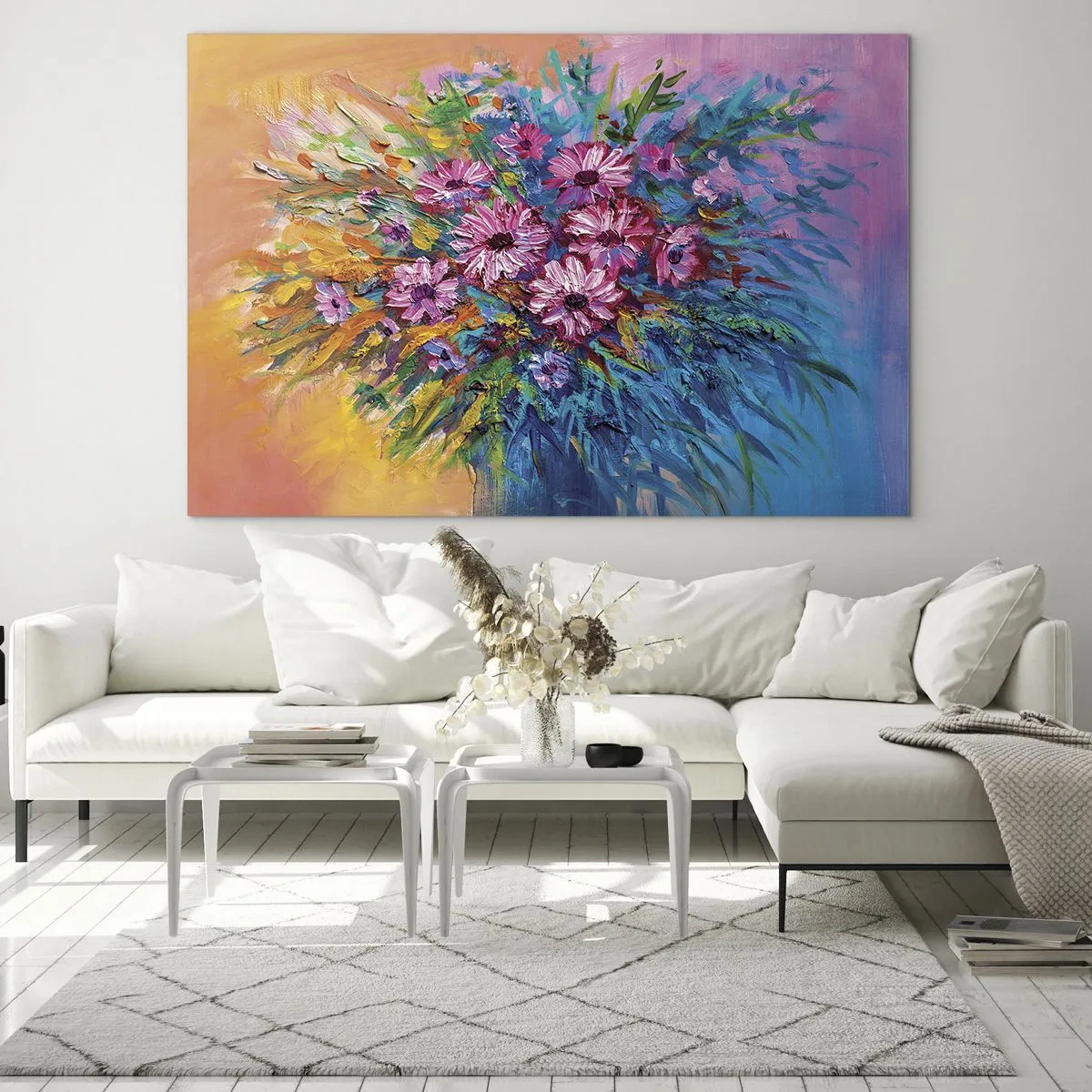 Schilderen op glas - Een boeket roze bloemen in een artistieke, kleurrijke compositie - 70x50cm - Levensenergie - Moderne wanddecoratie voor woonkamer en slaapkamer ARTTOR