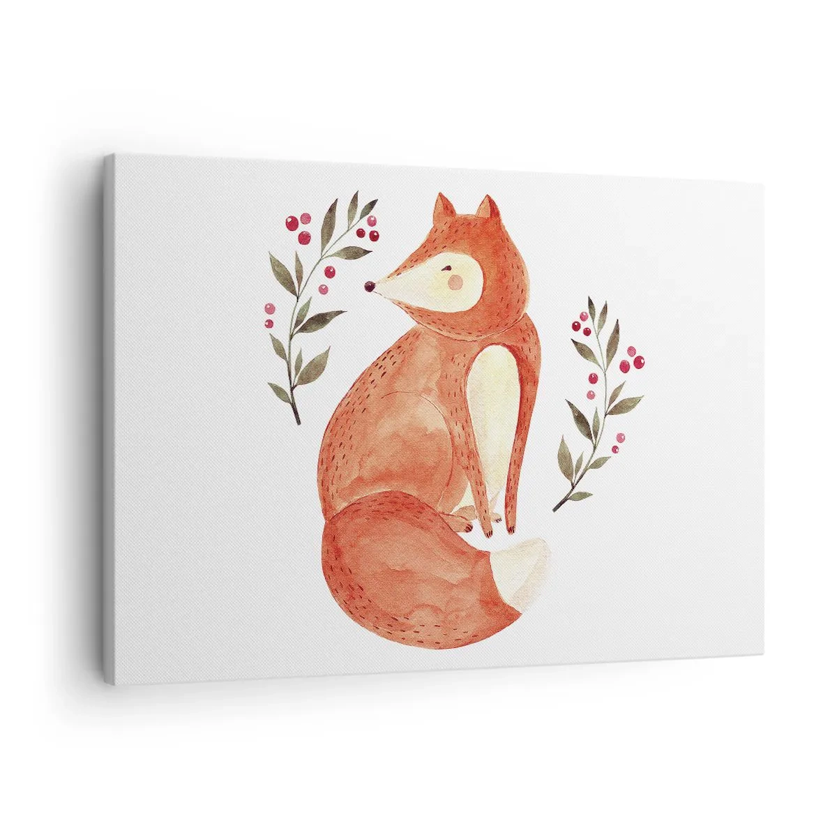 Schilderen op canvas - Een aquarelvos omringd door takjes met bessen - 70x50cm - Kleine roodharige - Moderne wanddecoratie voor woonkamer en slaapkamer ARTTOR