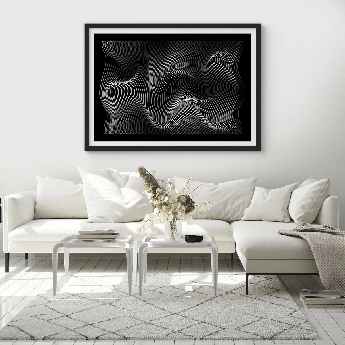 Poster in een zwarte lijst - Dans van licht in de ruimte - 70x50 cm