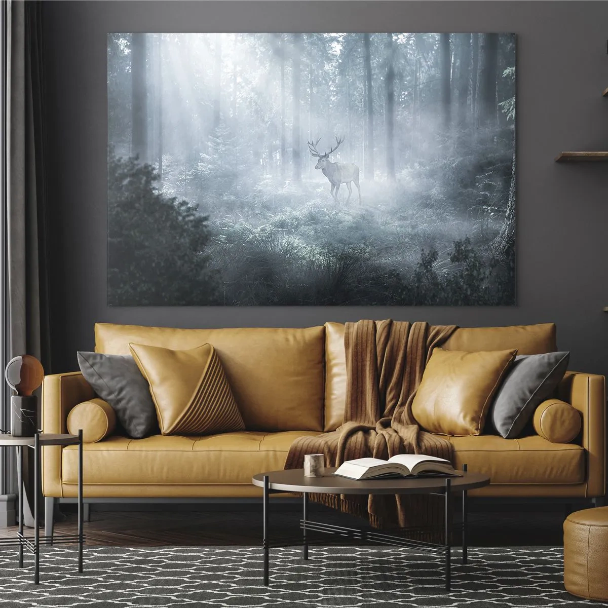 Schilderen op glas - Een hert in een mistig bos, verlicht door de stralen van de ochtendzon - 70x50cm - Ochtendbezoek aan het landgoed - Moderne wanddecoratie voor woonkamer en slaapkamer ARTTOR