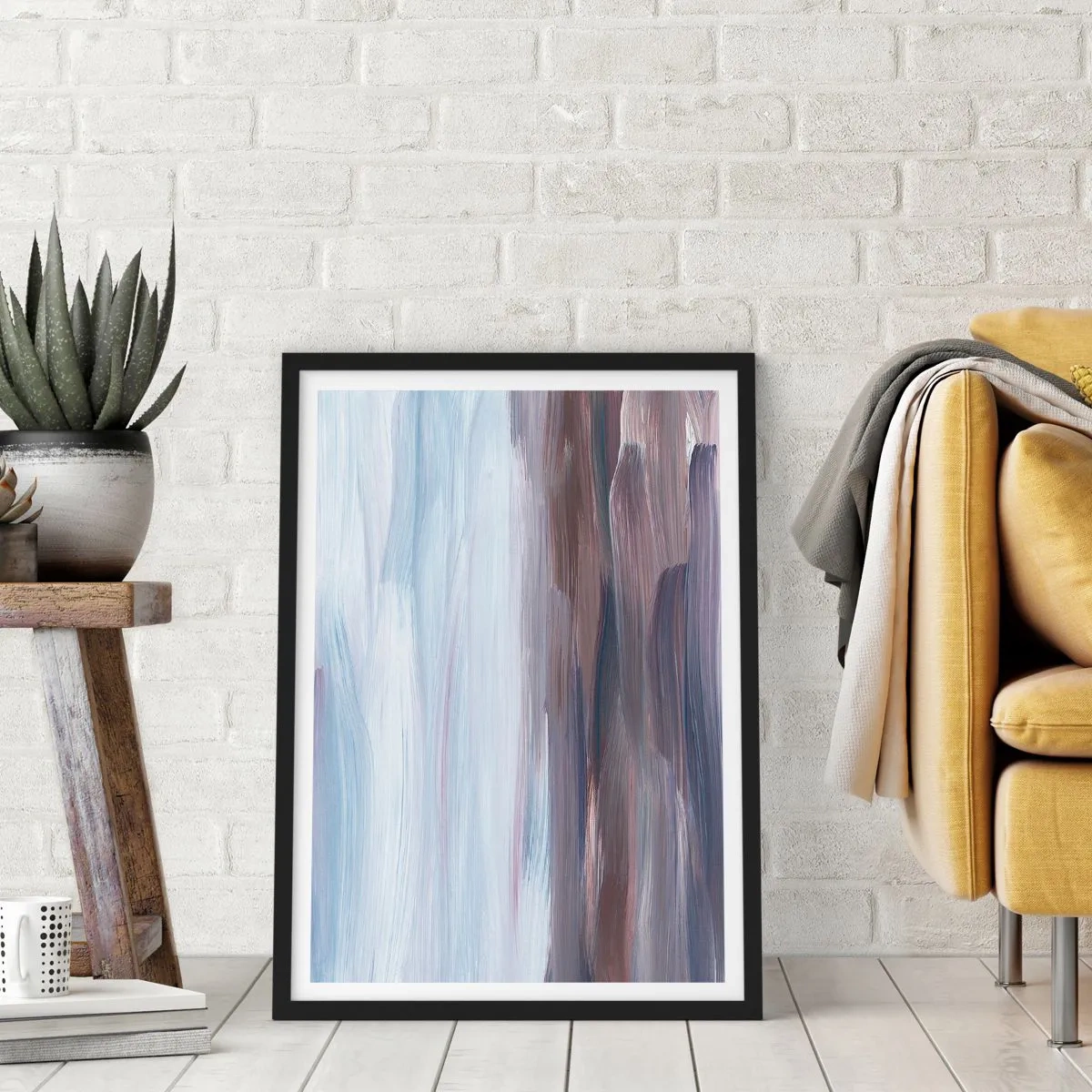 Poster in een zwarte lijst - Abstracte penseelstreken in tinten blauw en bruin - 50x70cm - Elementen: water - Moderne wanddecoratie voor woonkamer en slaapkamer ARTTOR
