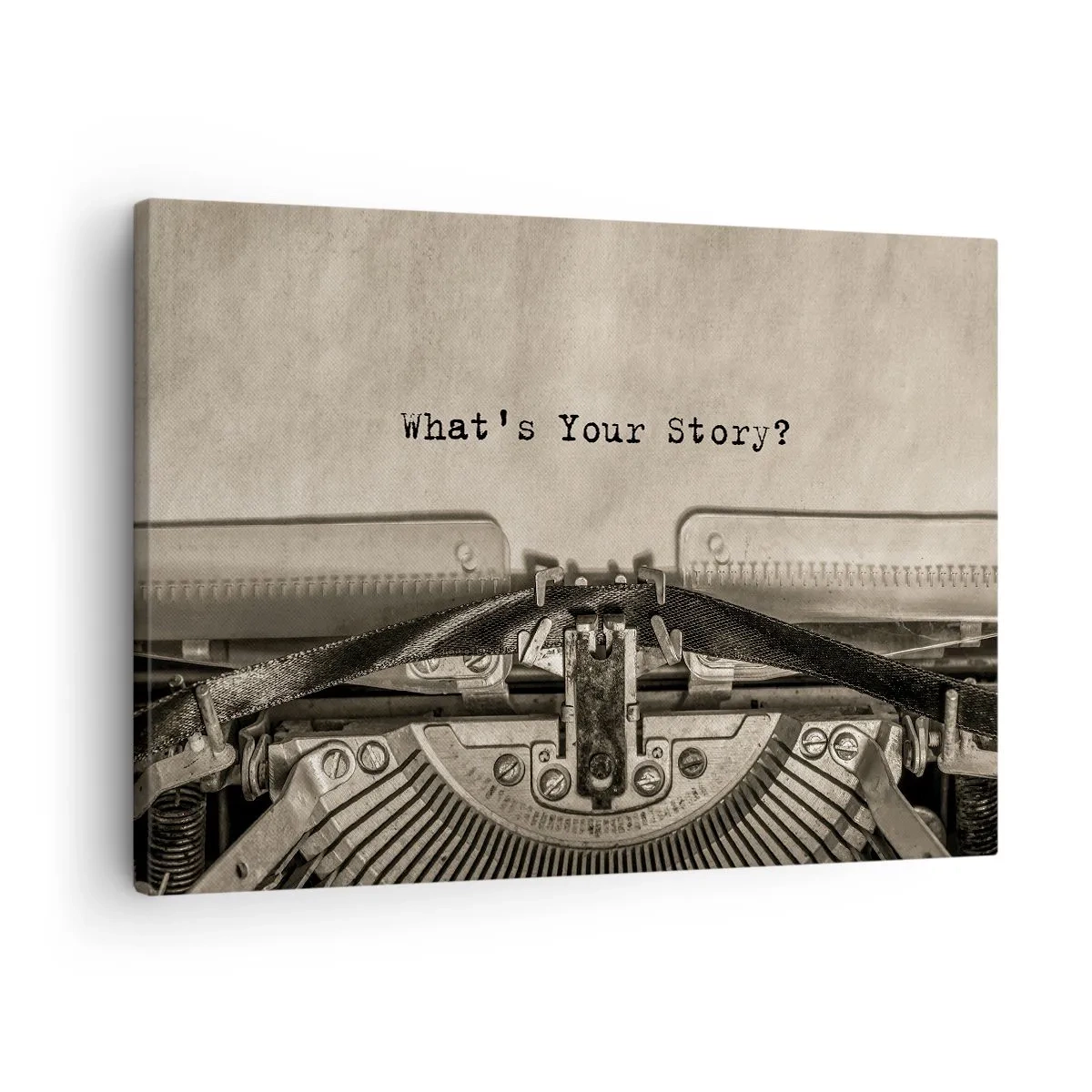 Schilderen op canvas - Een typemachine met de tekst What's Your Story? - 70x50cm - Vertel het mee - Moderne wanddecoratie voor woonkamer en slaapkamer ARTTOR
