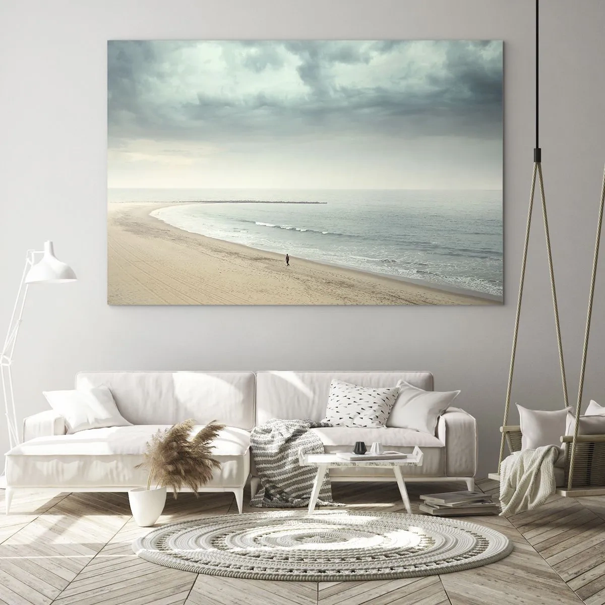 Schilderen op glas - Een figuur die over een leeg strand bij een kalme zee wandelt - 70x50cm - op zoek naar vrede - Moderne wanddecoratie voor woonkamer en slaapkamer ARTTOR