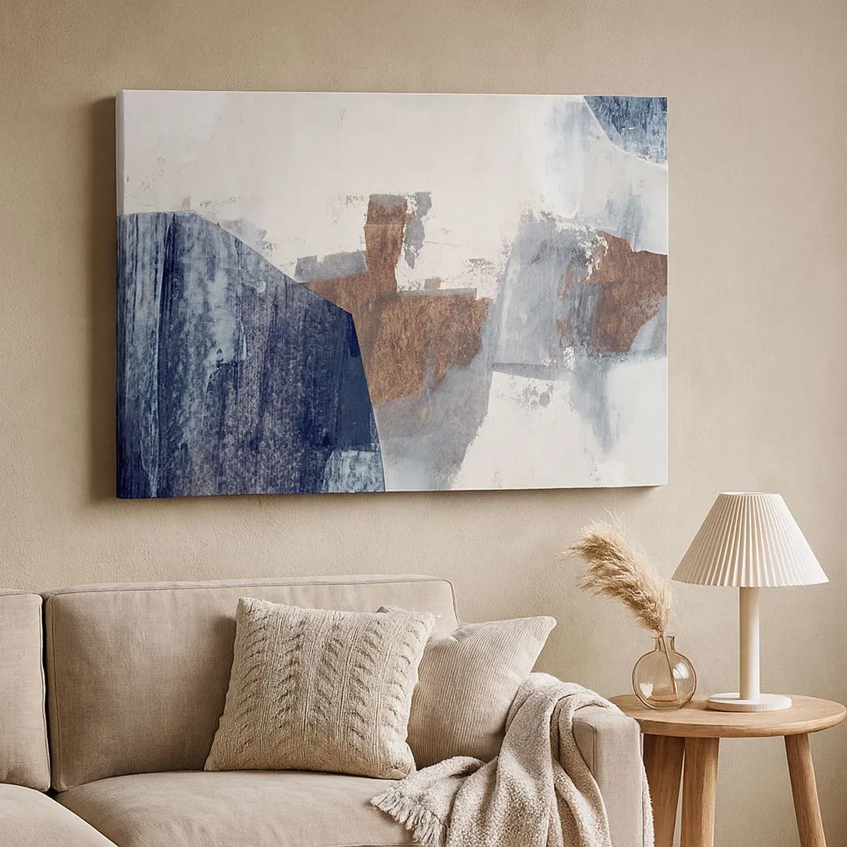 Schilderen op canvas - Abstracte vormen in tinten blauw en bruin - 70x50cm - Blauwe en bruine vormen - Moderne wanddecoratie voor woonkamer en slaapkamer ARTTOR