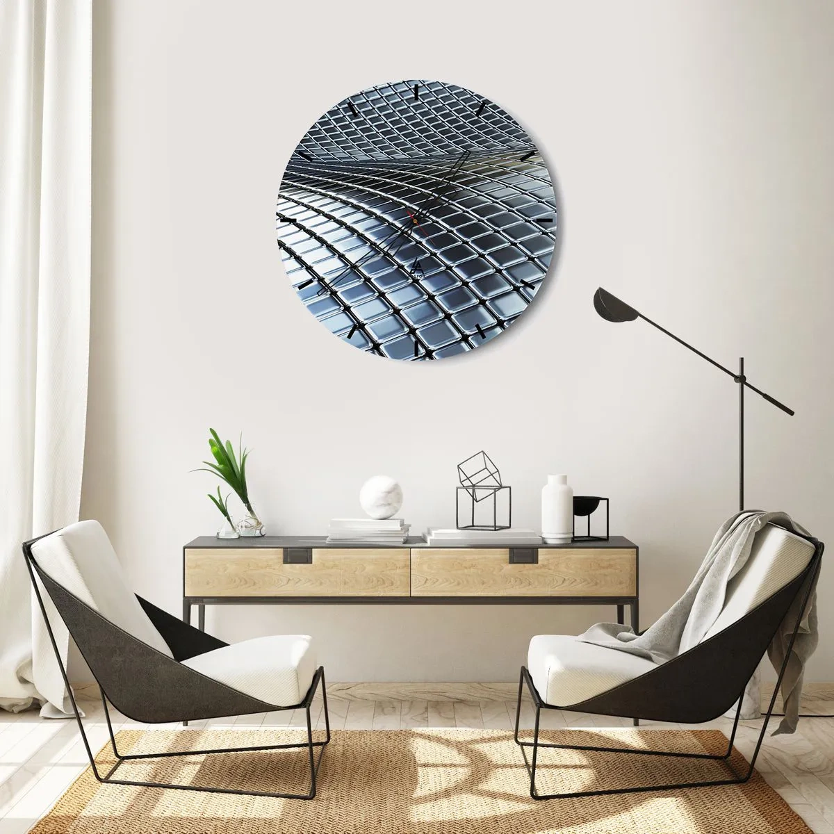 Wandklok - Klok - Futuristisch oppervlak van metalen panelen in een zilveren tint - 30x30cm - Metallic zilveren golf - Moderne wanddecoratie voor woonkamer, keuken en slaapkamer ARTTOR