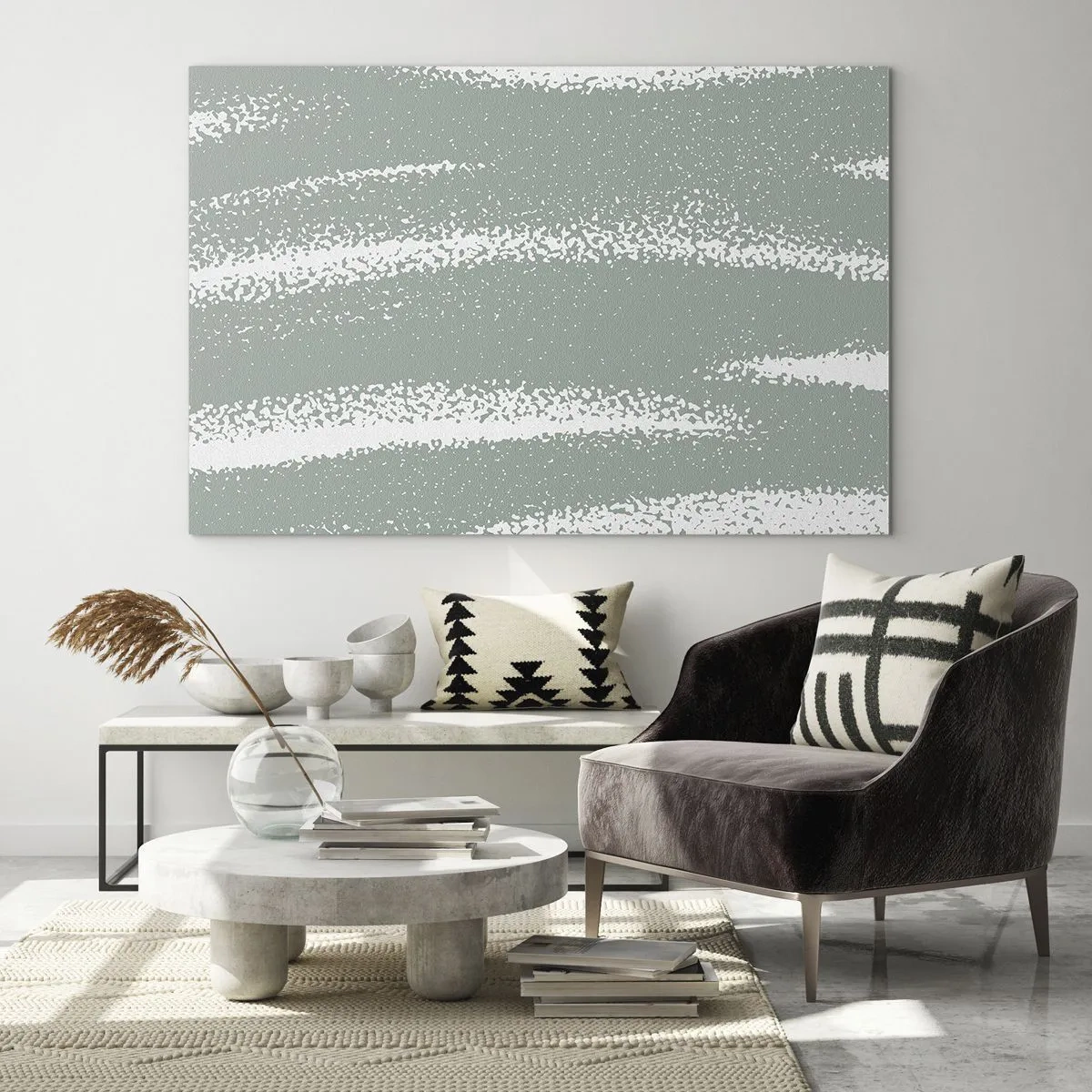 Schilderen op glas - Witte strepen op een koele groene achtergrond - 70x50cm - Abstractie in een winterklimaat - Moderne wanddecoratie voor woonkamer en slaapkamer ARTTOR