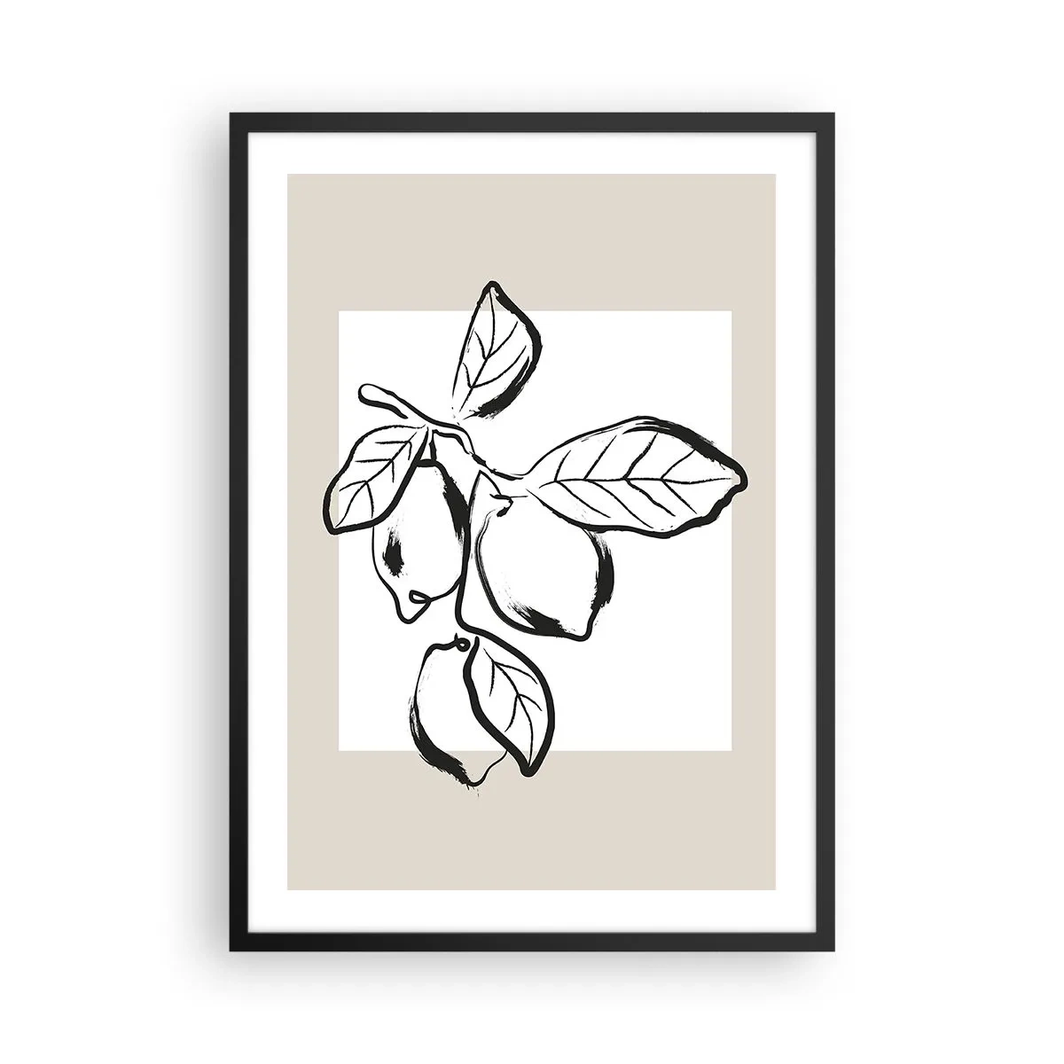 Poster in een zwarte lijst - Een minimalistische illustratie van een citroentak in zwart-witstijl. - 50x70cm - Waar de citroen rijpt... - Moderne wanddecoratie voor woonkamer en slaapkamer ARTTOR