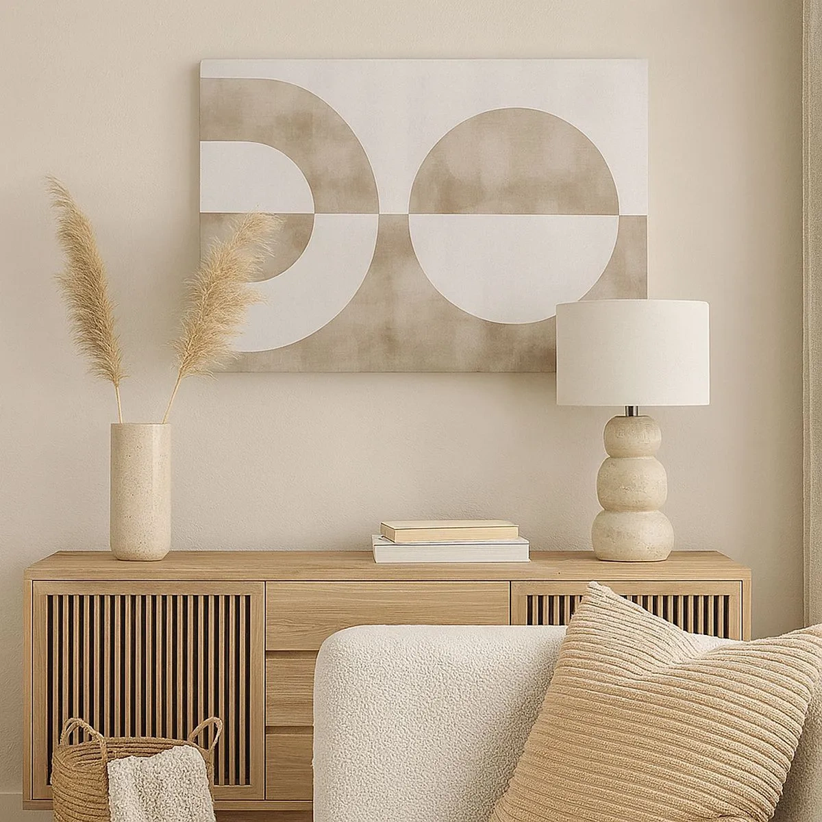 Schilderen op canvas - Een abstract schilderij in beige tinten met geometrische vormen en symmetrie. - 70x50cm - Gelijkenissen en verschillen - Moderne wanddecoratie voor woonkamer en slaapkamer ARTTOR