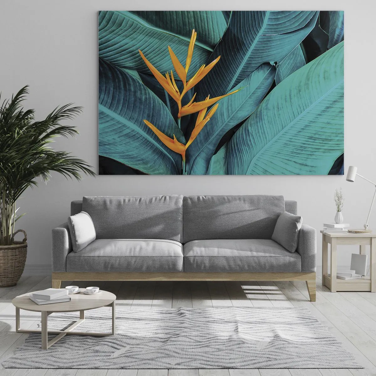 Schilderen op glas - Een exotische bloem tegen een achtergrond van grote groene bladeren. - 70x50cm - Eden bloem - Moderne wanddecoratie voor woonkamer en slaapkamer ARTTOR