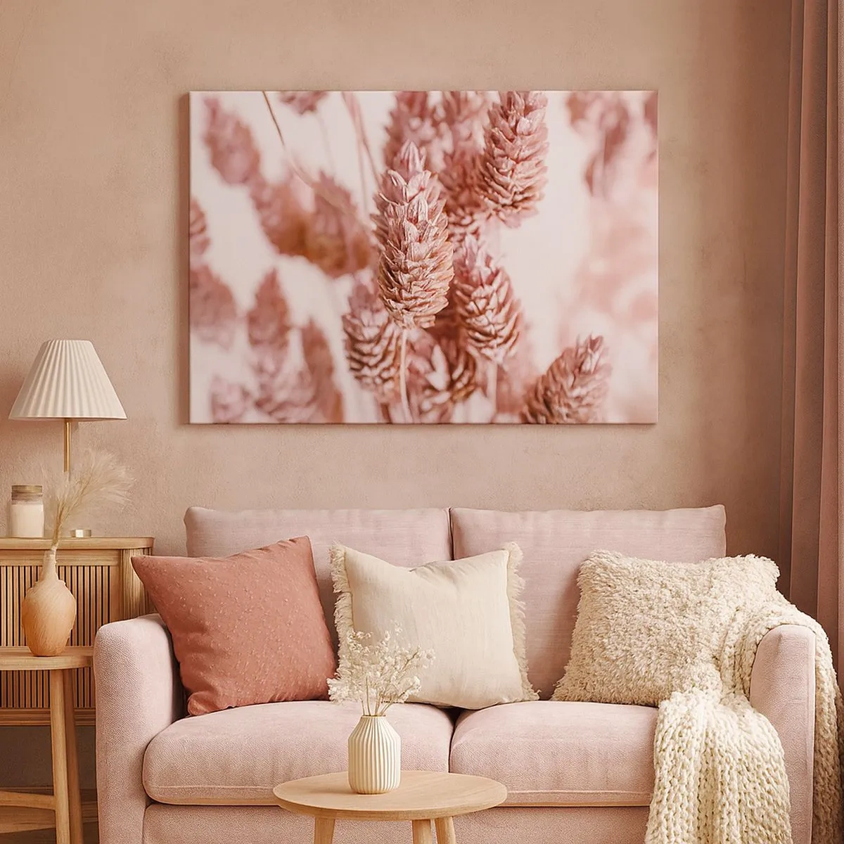 Schilderen op canvas - Een close-up van de delicate roze aren van siergrassen - 70x50cm - Schijnbaar onopvallend - Moderne wanddecoratie voor woonkamer en slaapkamer ARTTOR
