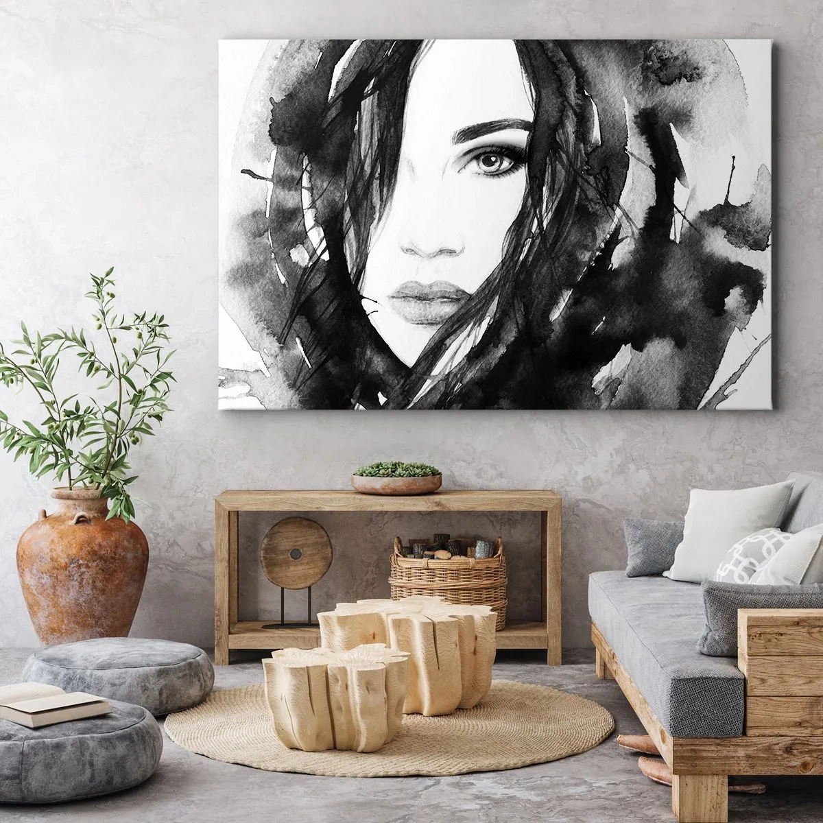 Schilderen op canvas - Portret van een vrouw in zwart-wit aquarel - 70x50cm - Portret van een dame in zwart en wit - Moderne wanddecoratie voor woonkamer en slaapkamer ARTTOR