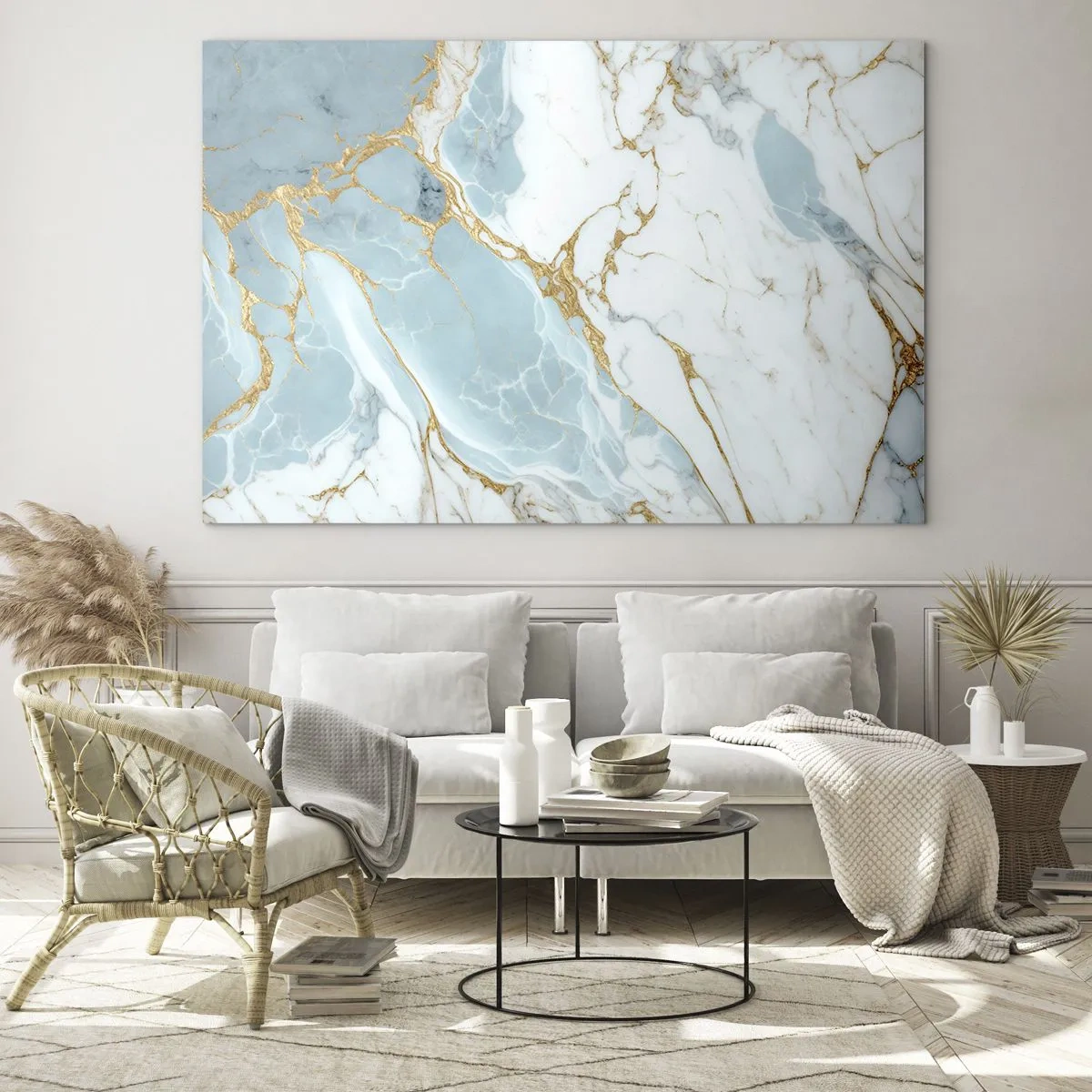 Schilderen op glas - Abstract marmer in tinten blauw en goud - 70x50cm - Rijkdom van steen - Moderne wanddecoratie voor woonkamer en slaapkamer ARTTOR