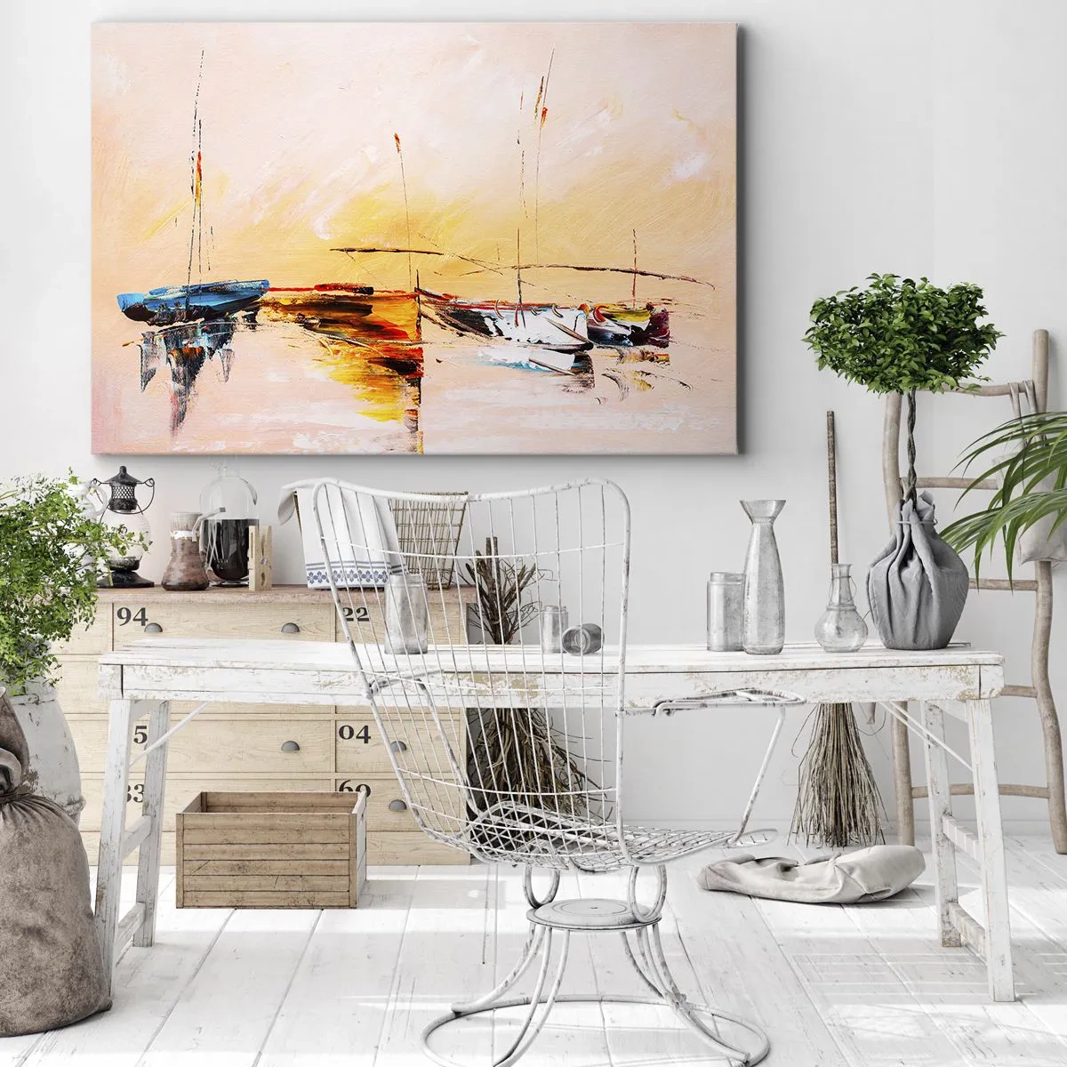 Schilderen op canvas - Kleurrijke boten op kalm water bij zonsondergang - 70x50cm - Avond in de jachthaven - Moderne wanddecoratie voor woonkamer en slaapkamer ARTTOR
