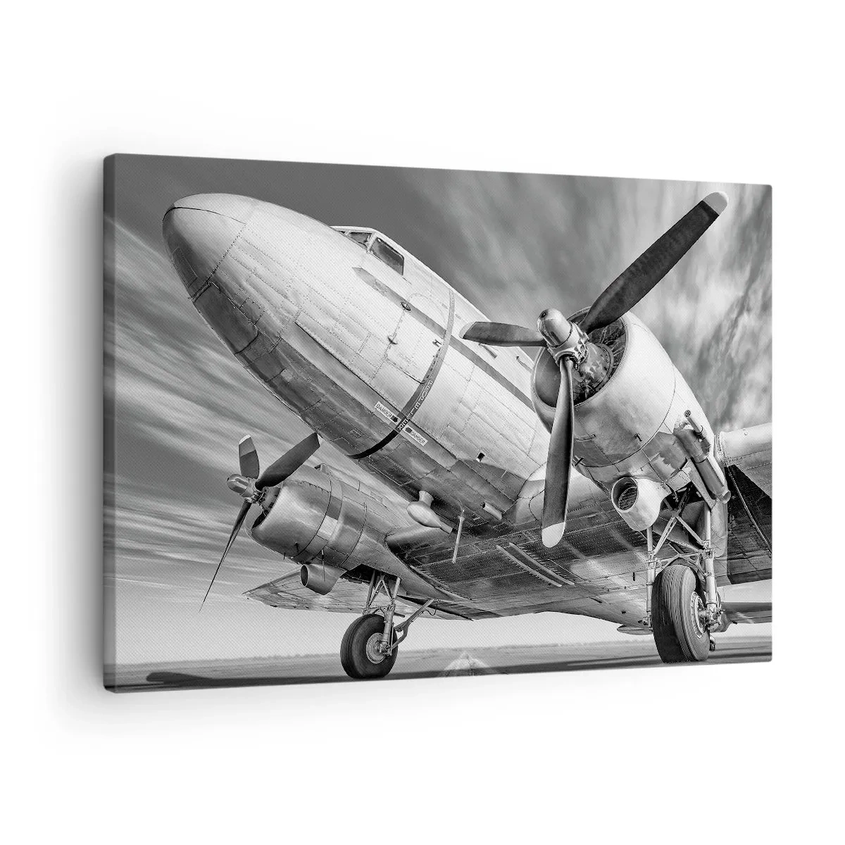 Schilderen op canvas - Een zwart-witfoto van een klassiek vliegtuig met zichtbare structurele details. - 70x50cm - Altijd klaar om te vliegen - Moderne wanddecoratie voor woonkamer en slaapkamer ARTTOR