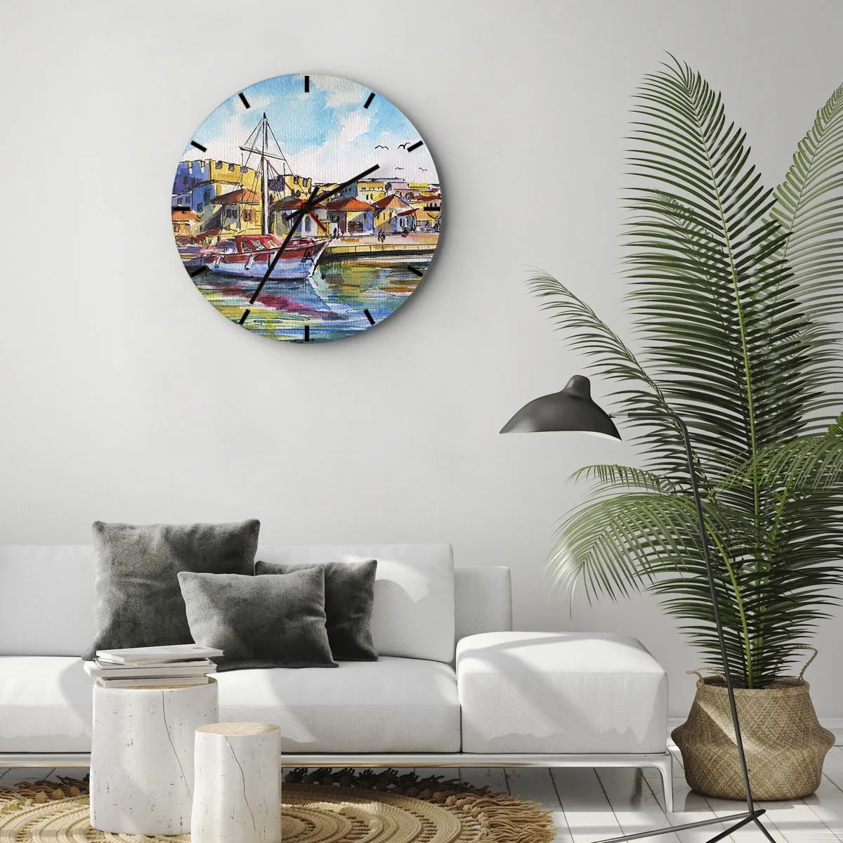 Wandklok - Klok - Een kleurrijke jachthaven met zeilboten en gebouwen in mediterrane stijl - 30x30cm - Regenboogmiddag - Moderne wanddecoratie voor woonkamer, keuken en slaapkamer ARTTOR