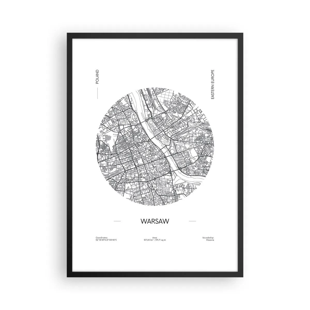 Poster in een zwarte lijst - Minimalistische kaart van Warschau in een cirkel - 50x70cm - Anatomie van Warschau - Moderne wanddecoratie voor woonkamer en slaapkamer ARTTOR
