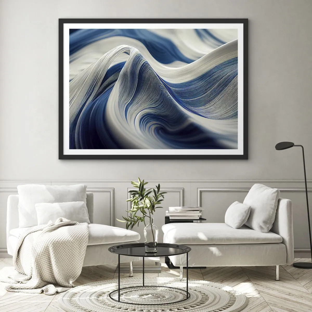 Poster in een zwarte lijst - De vloeibaarheid van blauw en wit - 70x50 cm