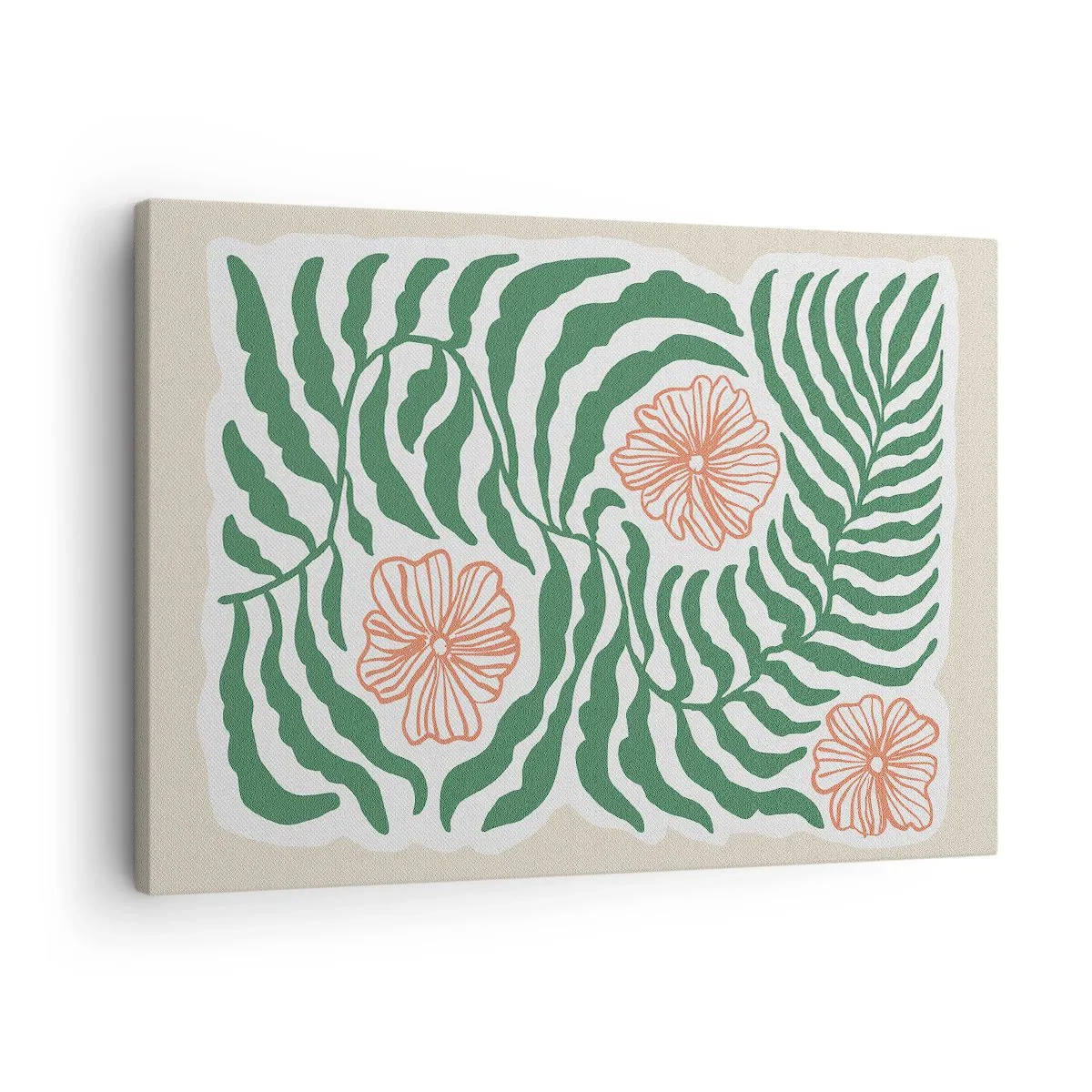 Schilderen op canvas - Een minimalistisch motief van groene bladeren met bloemen in oranje tinten. - 70x50cm - Bloeiend in het groen - Moderne wanddecoratie voor woonkamer en slaapkamer ARTTOR