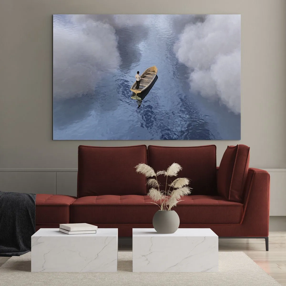 Schilderen op glas - Een man in een boot die door het water tussen de wolken vaart - 70x50cm - Leven – reis – onbekend - Moderne wanddecoratie voor woonkamer en slaapkamer ARTTOR