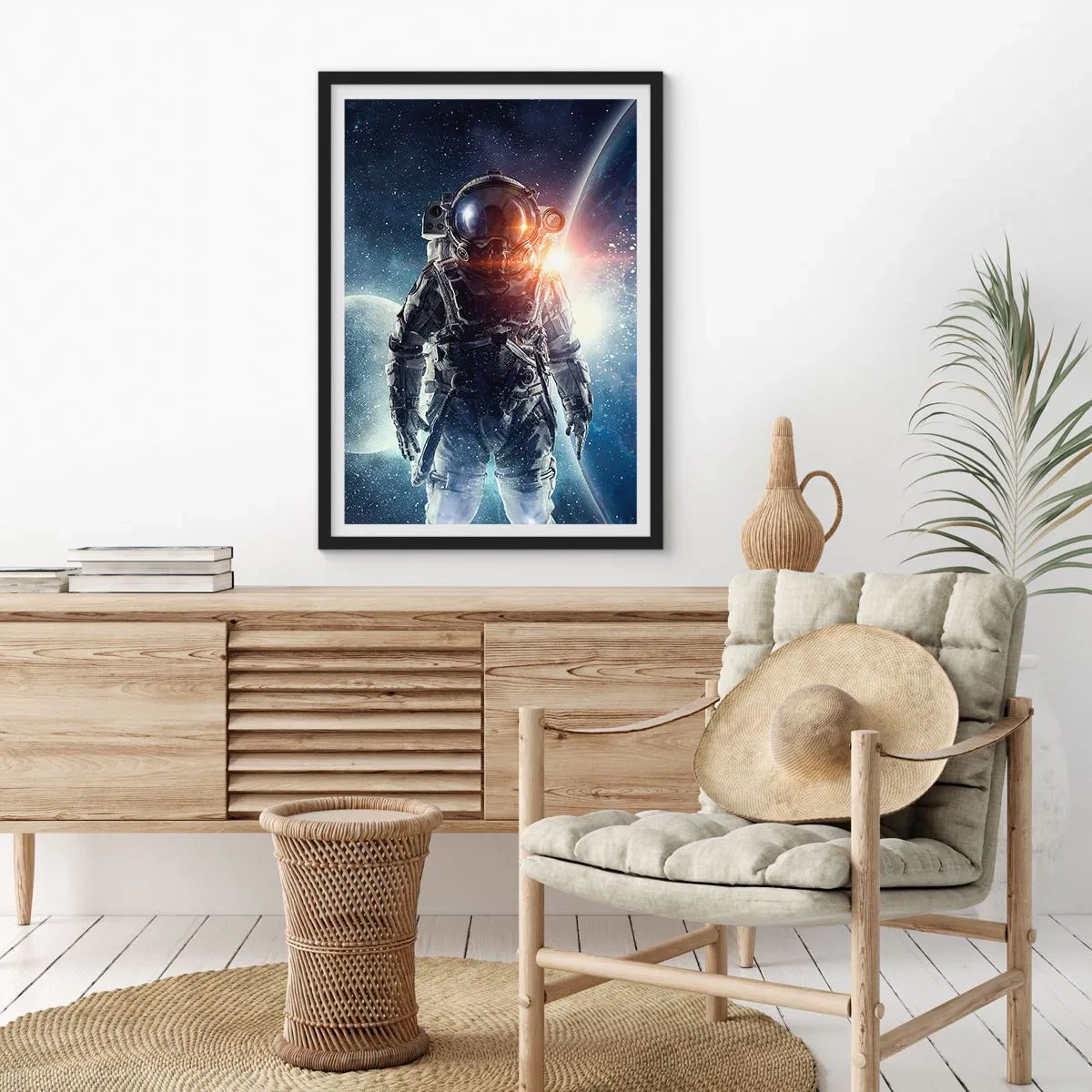 Poster in een zwarte lijst - Astronaut in de ruimte met planeten en sterren op de achtergrond - 50x70cm - Ruimte avontuur - Moderne wanddecoratie voor woonkamer en slaapkamer ARTTOR
