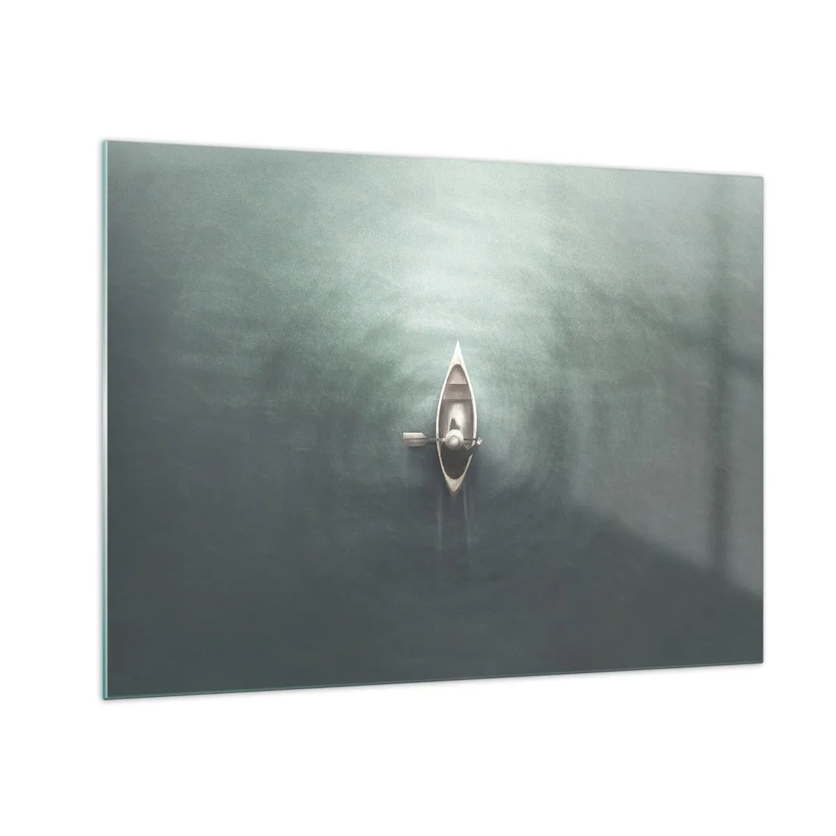 Schilderen op glas - Een eenzame boot die drijft op een kalm, groen meer - 70x50cm - Door het maanmeer - Moderne wanddecoratie voor woonkamer en slaapkamer ARTTOR