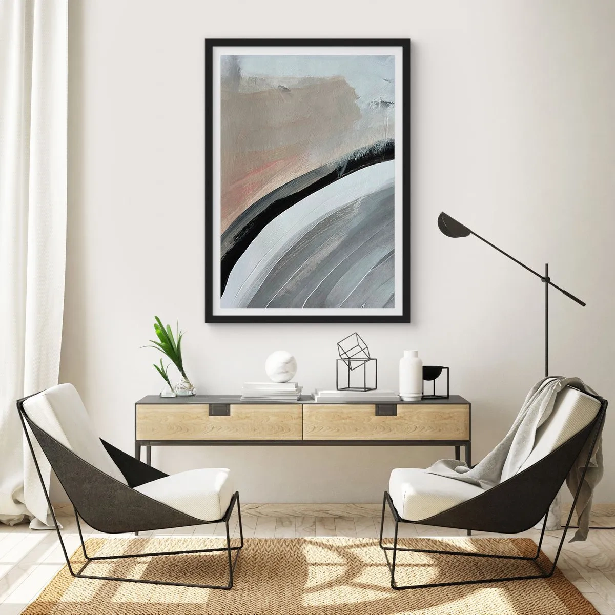 Poster in een zwarte lijst - Abstracte compositie met lijnen in grijs- en beigetinten. - 50x70cm - Compositie: boog van zwart en grijs - Moderne wanddecoratie voor woonkamer en slaapkamer ARTTOR