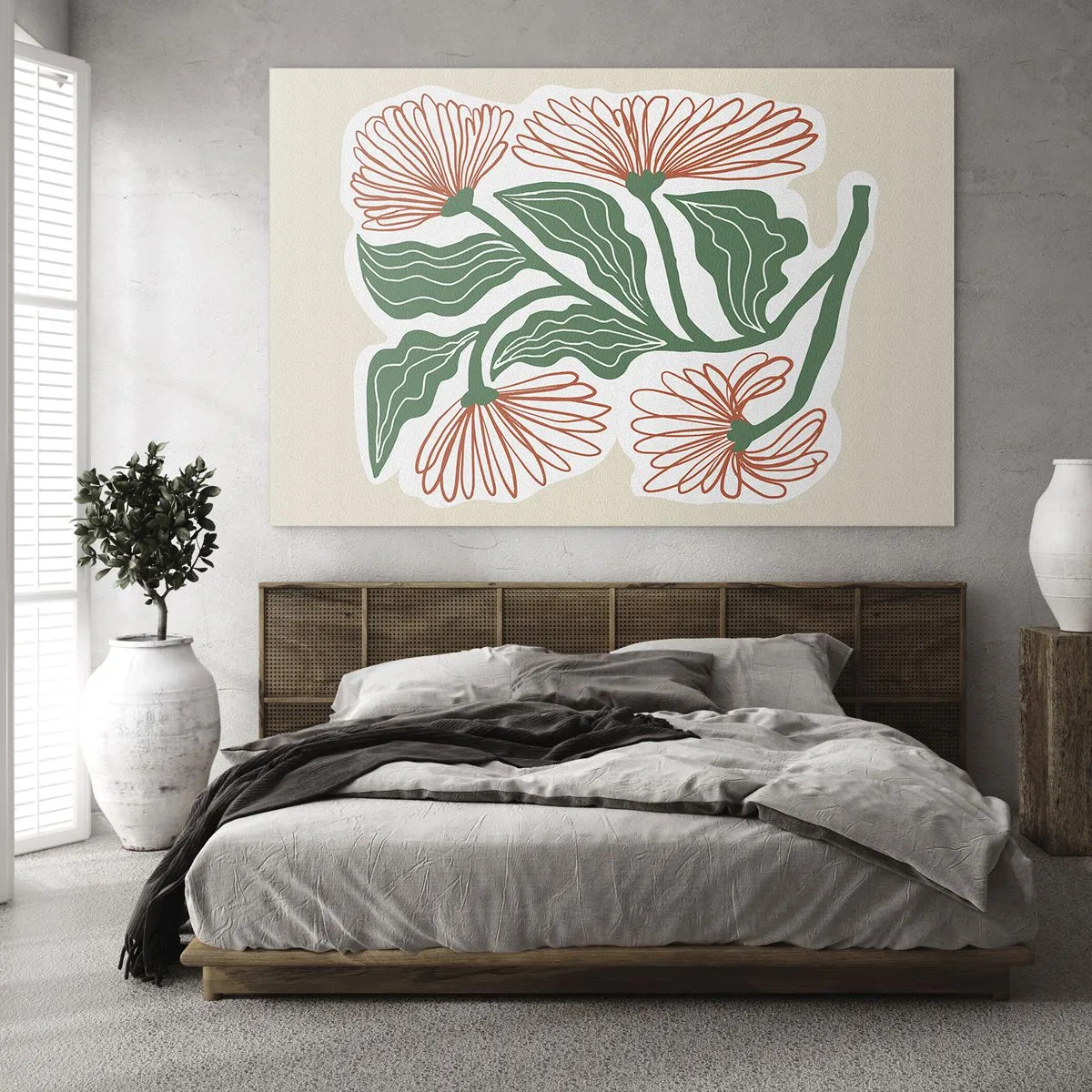 Schilderen op glas - Decoratieve bloemen in volksstijl op een lichte achtergrond - 70x50cm - Folk en modern - Moderne wanddecoratie voor woonkamer en slaapkamer ARTTOR