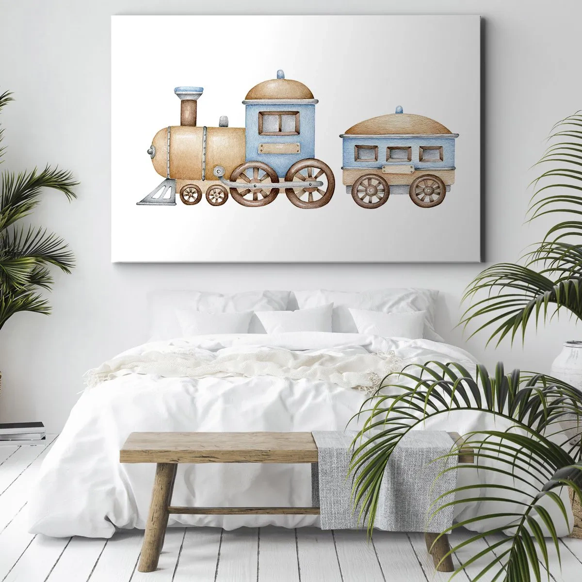 Schilderen op canvas - Tekening van een trein in pasteltinten op een witte achtergrond - 70x50cm - Hij staat op het station... - Moderne wanddecoratie voor woonkamer en slaapkamer ARTTOR