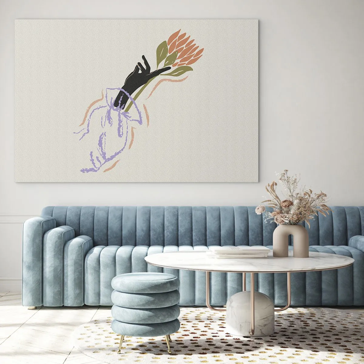 Schilderen op glas - Een gestileerde hand met een boeket bloemen, getekend met pastellijnen. - 70x50cm - Zusterlijke aanraking - Moderne wanddecoratie voor woonkamer en slaapkamer ARTTOR