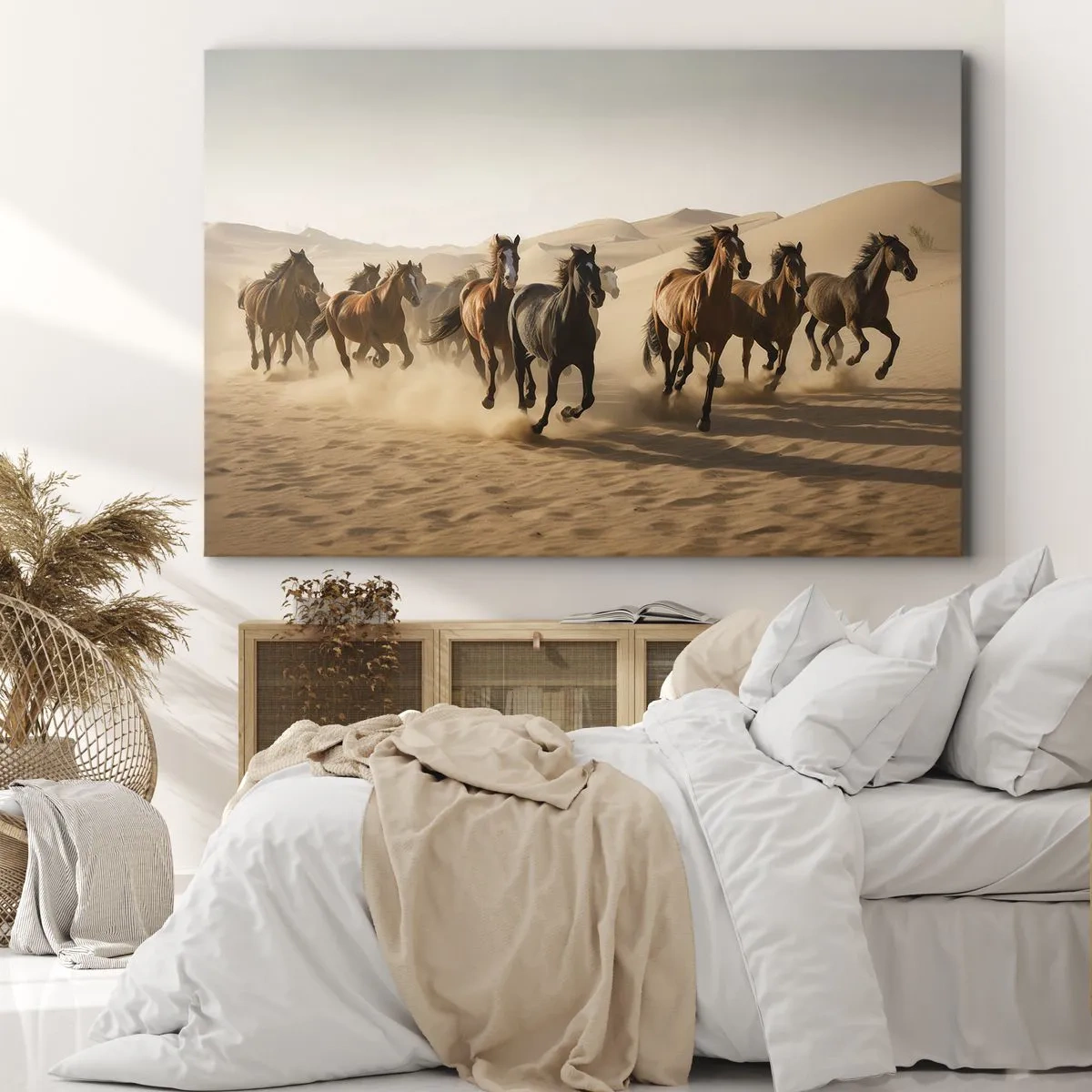 Schilderen op canvas - Galopperende paarden tegen een woestijnachtergrond - 70x50cm - Vrij als de wind - Moderne wanddecoratie voor woonkamer en slaapkamer ARTTOR