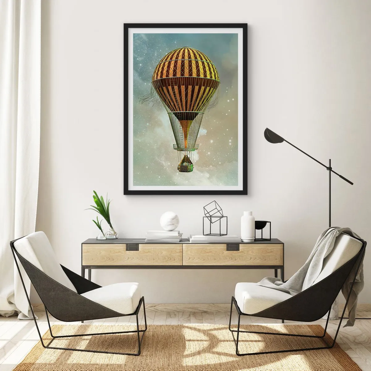 Poster in een zwarte lijst - Een gouden ballon die in de ruimte zweeft - 50x70cm - Baanbrekende vluchten - Moderne wanddecoratie voor woonkamer en slaapkamer ARTTOR