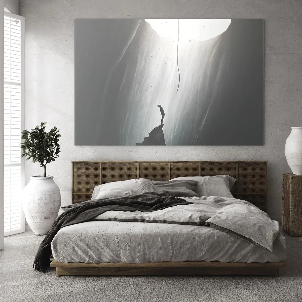 Schilderen op glas - Een man staat in het donker aan de voet van een lichtgevende uitgang over een afgrond - 70x50cm - Er is altijd een uitweg - Moderne wanddecoratie voor woonkamer en slaapkamer ARTTOR