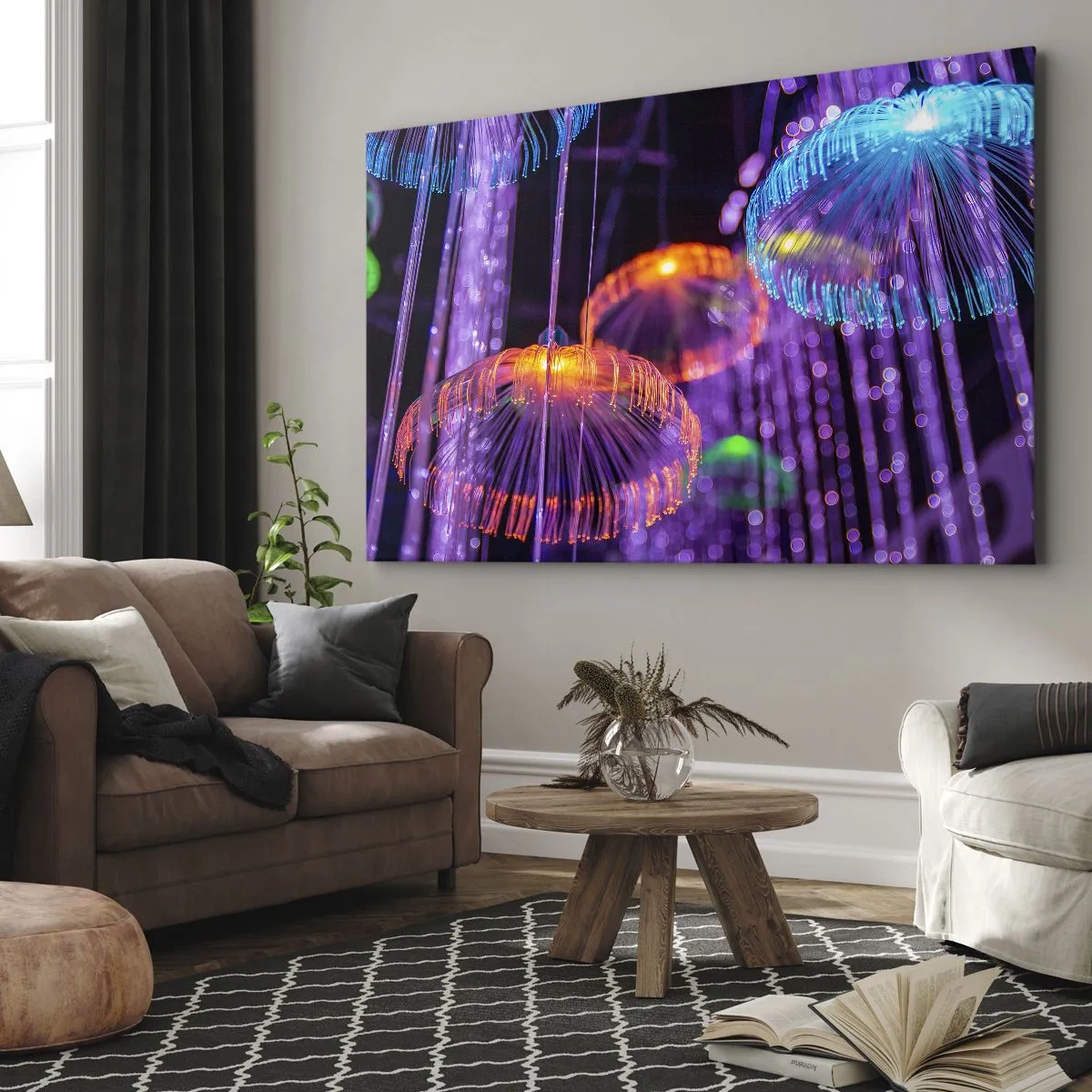 Schilderen op canvas - Kleurrijke lichtgevende kwallen in een donkere omgeving - 70x50cm - Lichte fontein - Moderne wanddecoratie voor woonkamer en slaapkamer ARTTOR