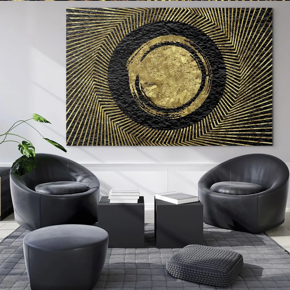 Schilderen op glas - Gouden cirkel met stralen op een zwarte achtergrond in een glamoureuze stijl - 70x50cm - Glamour-compositie - Moderne wanddecoratie voor woonkamer en slaapkamer ARTTOR