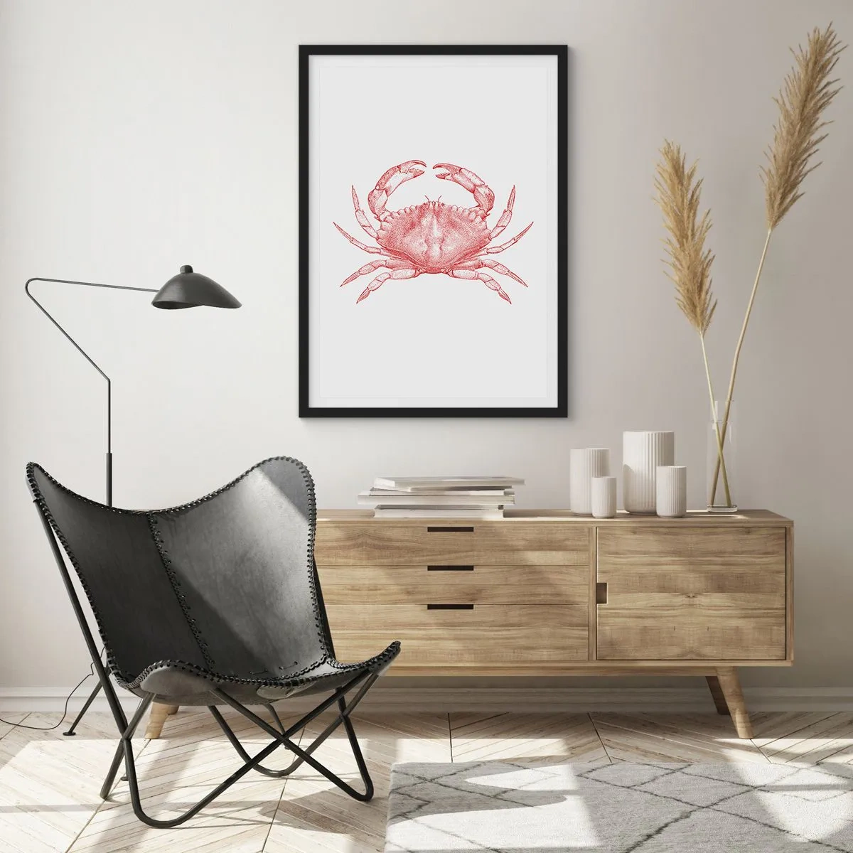 Poster in een zwarte lijst - Vintage krabtekening op een lichte achtergrond - 50x70cm - Krab der krabben - Moderne wanddecoratie voor woonkamer en slaapkamer ARTTOR