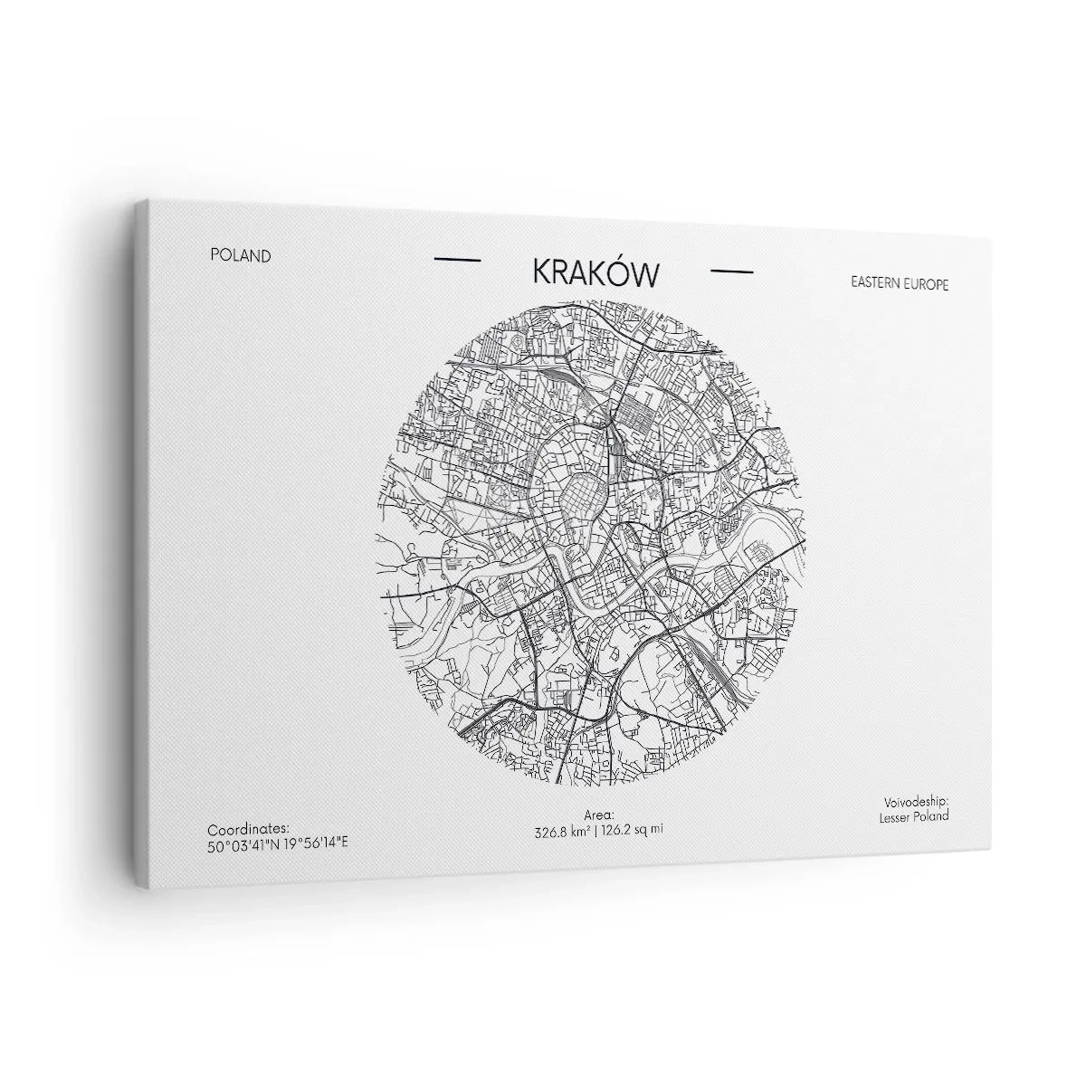 Schilderen op canvas - Een kaart van Krakau in minimalistische stijl - 70x50cm - Anatomie van Krakau - Moderne wanddecoratie voor woonkamer en slaapkamer ARTTOR