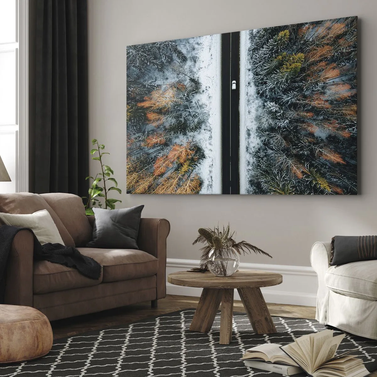 Schilderen op canvas - Een weg door een winterbos gezien vanuit vogelperspectief - 70x50cm - Snijd door het winterbos - Moderne wanddecoratie voor woonkamer en slaapkamer ARTTOR