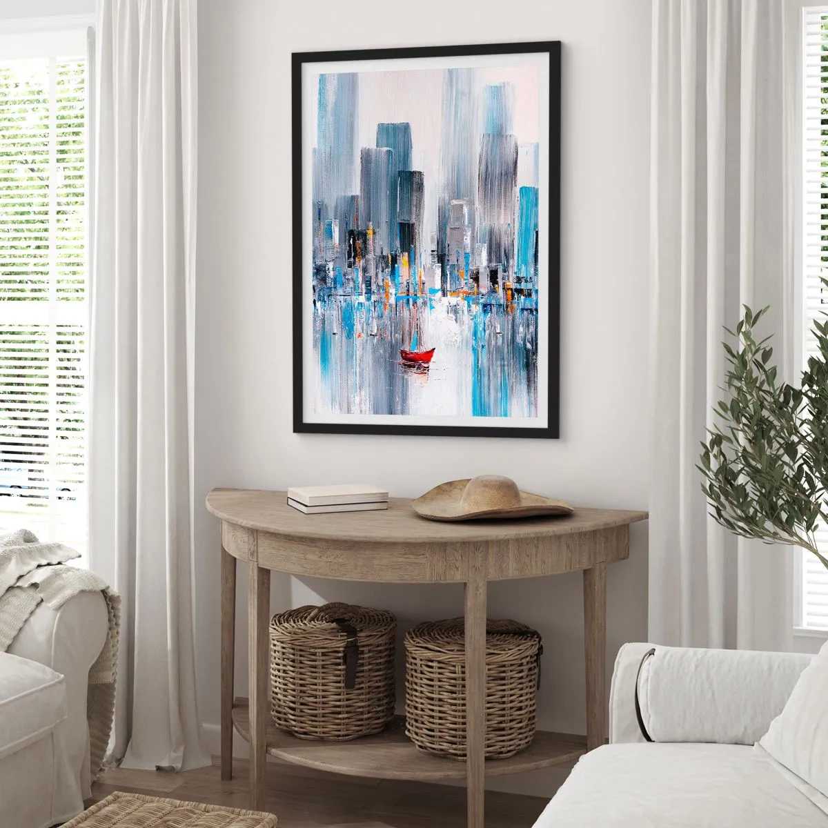 Poster in een zwarte lijst - Een abstract schilderij van een stadsgezicht boven het water met een rode boot. - 50x70cm - Een metropool aan de baai - Moderne wanddecoratie voor woonkamer en slaapkamer ARTTOR