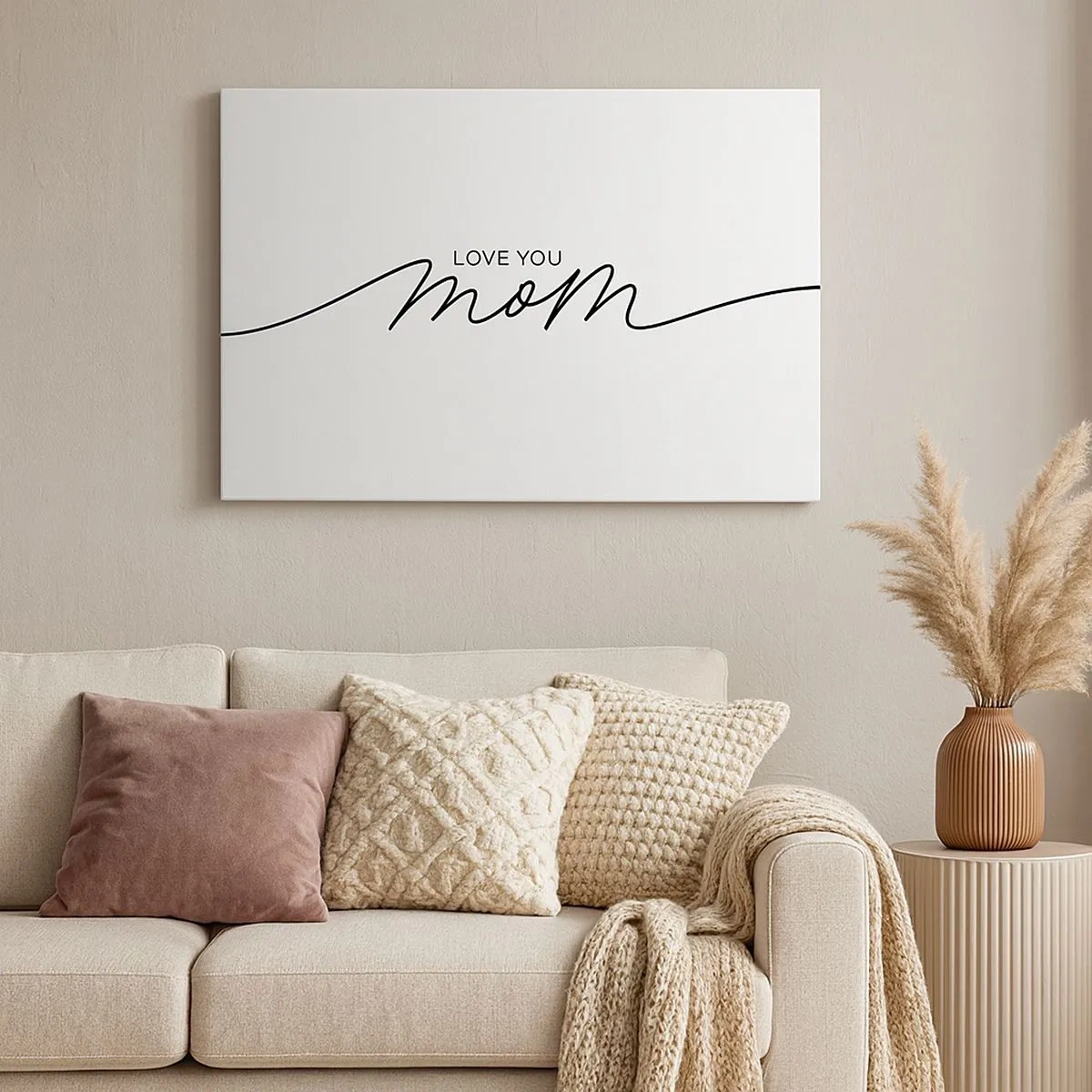 Schilderen op canvas - Minimalistische 'Love You Mom'-inscriptie op een witte achtergrond - 70x50cm - Grote emotie - Moderne wanddecoratie voor woonkamer en slaapkamer ARTTOR