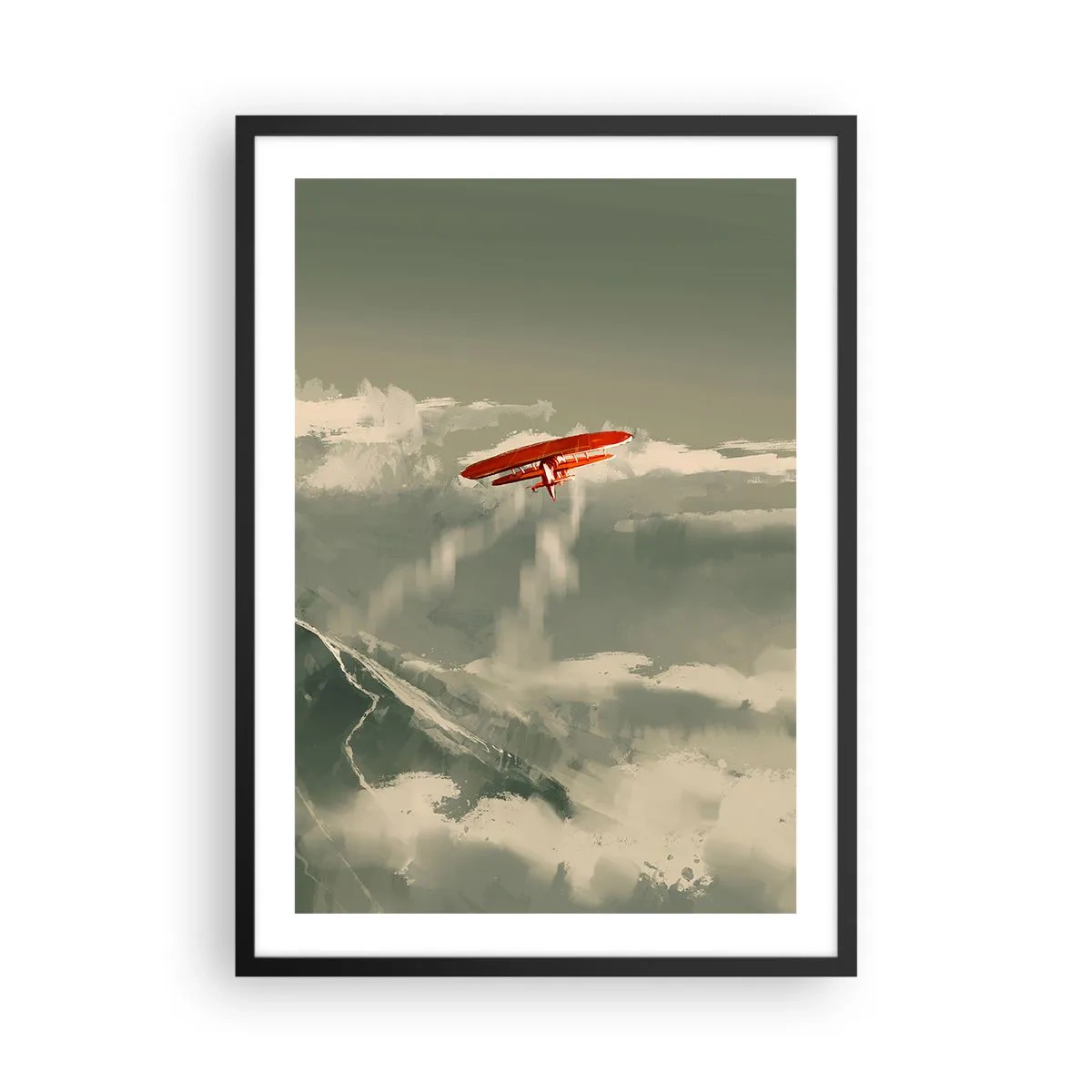 Poster in een zwarte lijst - Een rood dubbeldekker in de lucht - 50x70cm - Onverschrokken pionier - Moderne wanddecoratie voor woonkamer en slaapkamer ARTTOR