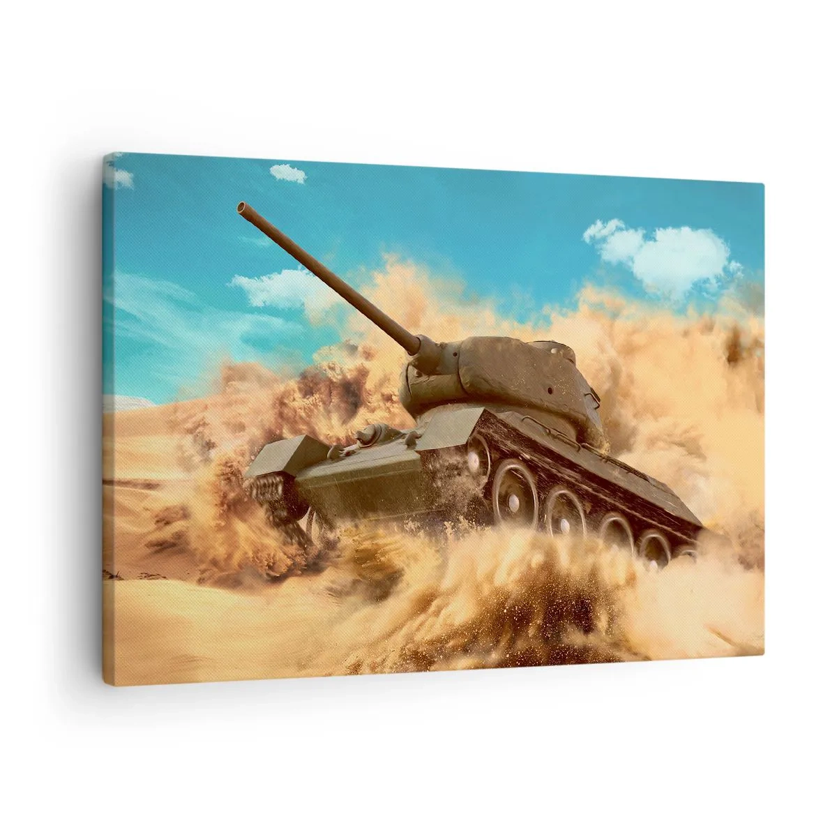 Schilderen op canvas - Een tank in actie in de woestijn, omgeven door zandstof. - 70x50cm - Niet te verslaan - Moderne wanddecoratie voor woonkamer en slaapkamer ARTTOR