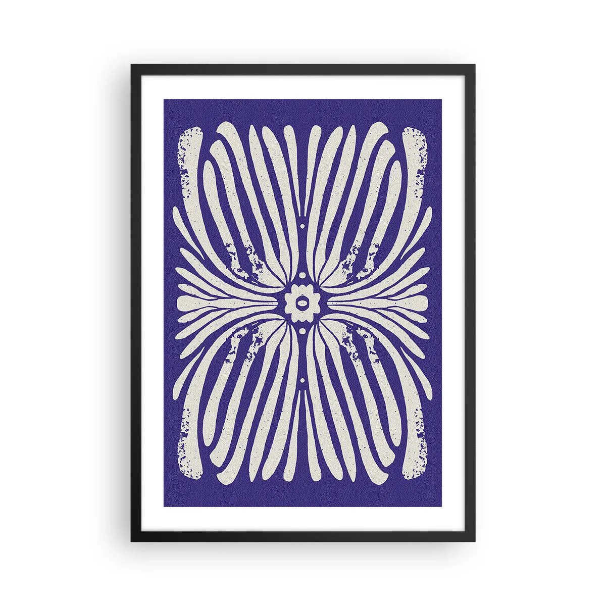 Poster in een zwarte lijst - Symmetrisch retro bloemenpatroon op een marineblauwe achtergrond - 50x70cm - Etnische inspiraties - Moderne wanddecoratie voor woonkamer en slaapkamer ARTTOR