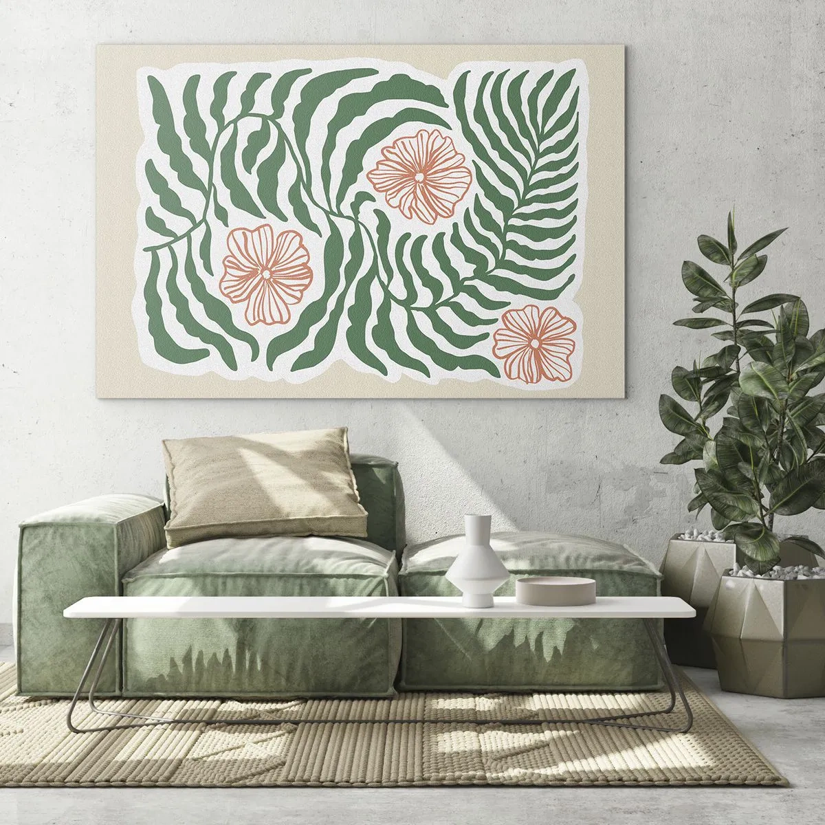 Schilderen op glas - Groene bladeren en rode bloemen in een grafische opstelling - 70x50cm - Bloeiend in het groen - Moderne wanddecoratie voor woonkamer en slaapkamer ARTTOR