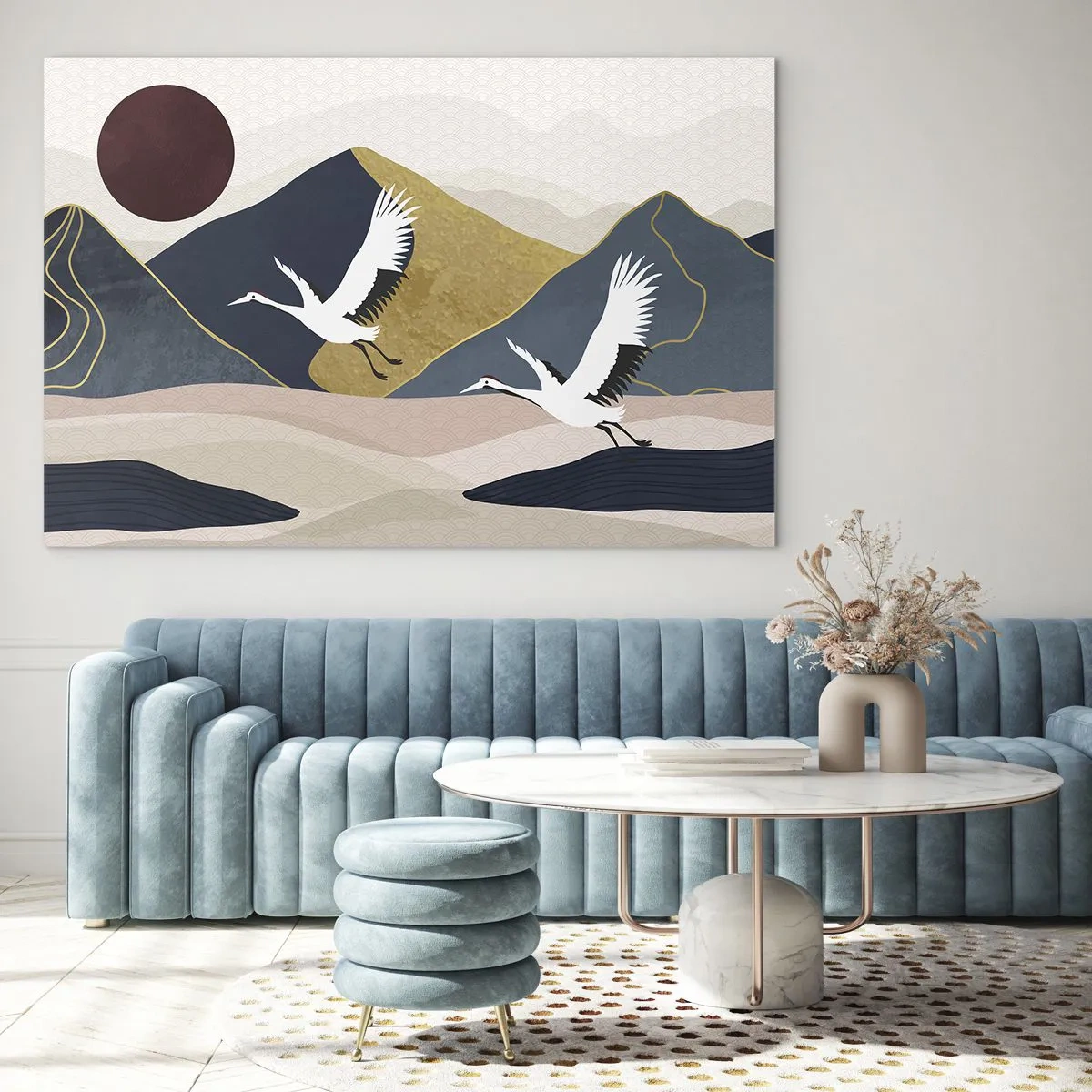 Schilderen op glas - Twee kraanvogels vliegen over een glooiend landschap met een rode zon. - 70x50cm - Het is weer een dag GEGAAN - Moderne wanddecoratie voor woonkamer en slaapkamer ARTTOR
