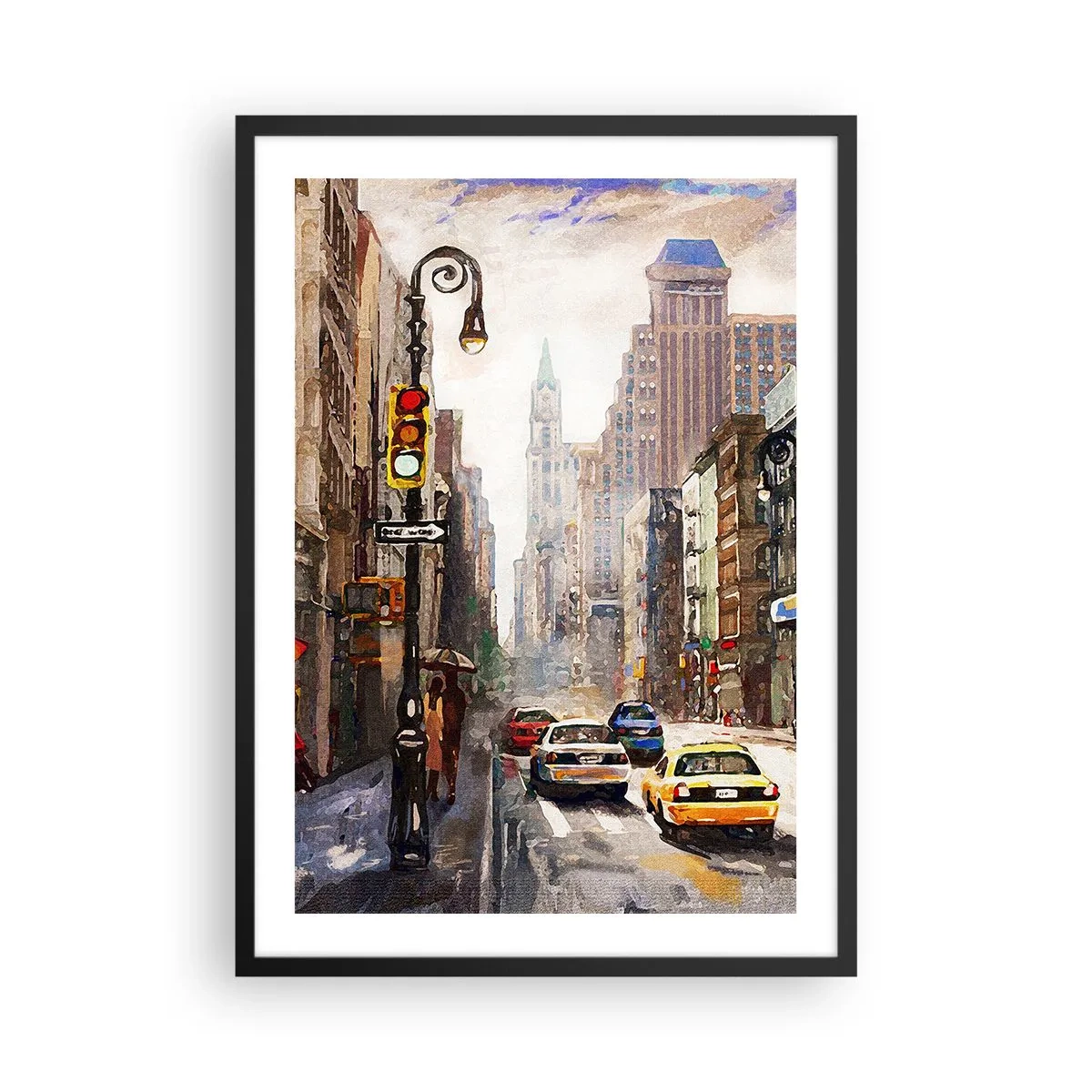 Poster in een zwarte lijst - Stadsstraat met auto's en verkeerslichten - 50x70cm - New York - ook kleurrijk in de regen - Moderne wanddecoratie voor woonkamer en slaapkamer ARTTOR