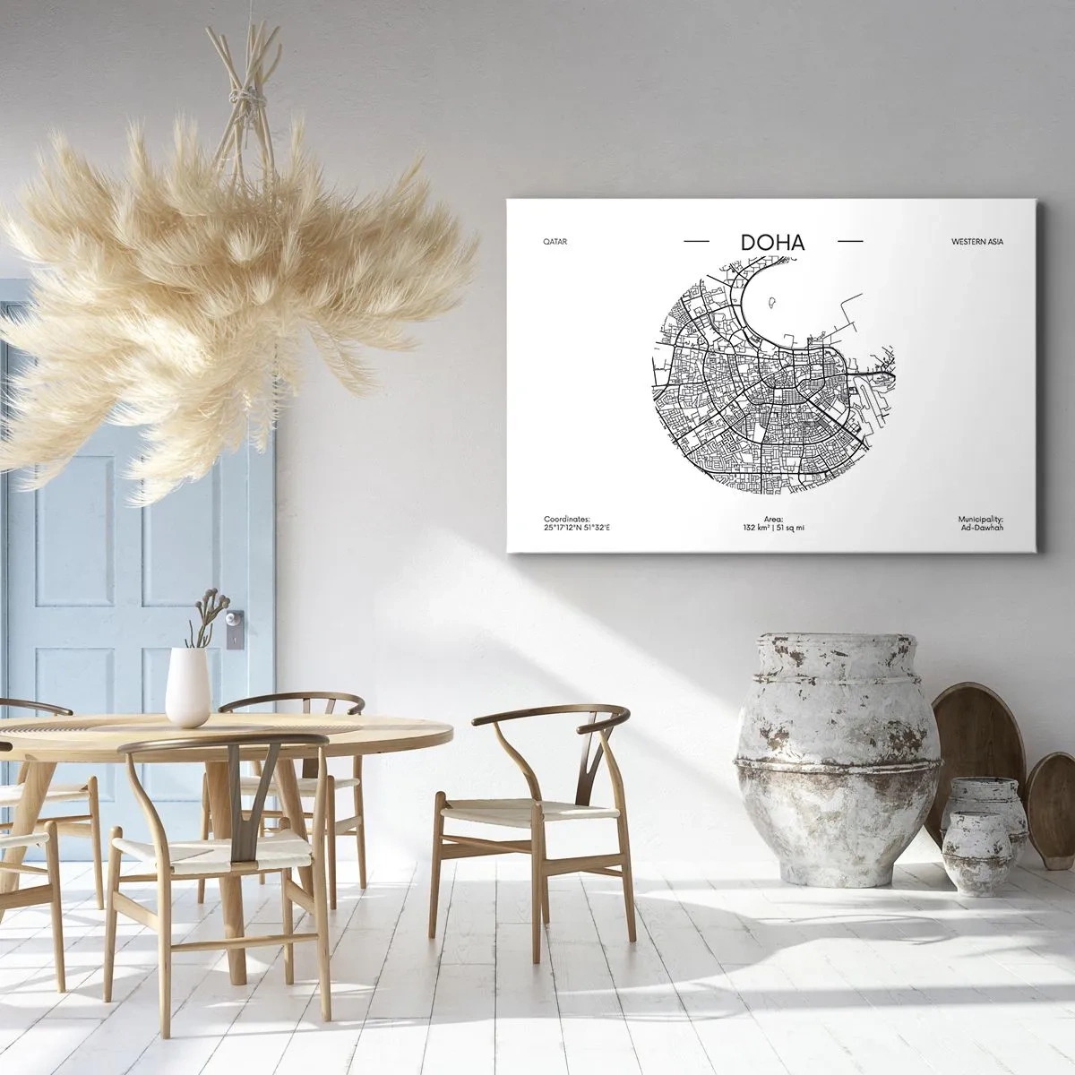 Schilderen op canvas - Een minimalistische kaart van Doha in zwart-wit met nauwkeurige details. - 70x50cm - Anatomie van Doha - Moderne wanddecoratie voor woonkamer en slaapkamer ARTTOR