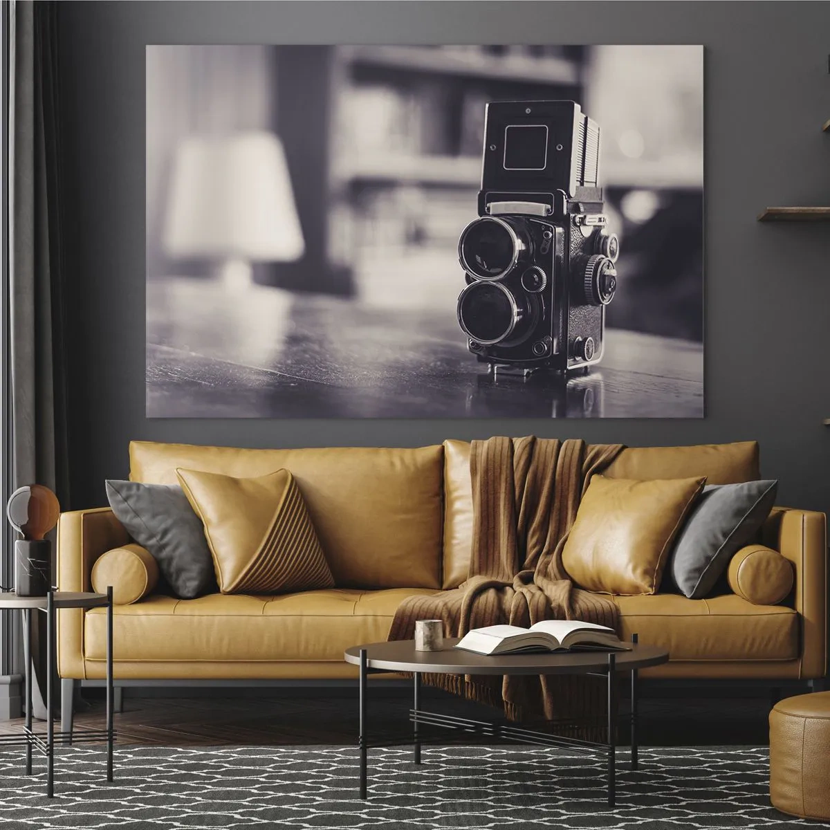 Schilderen op glas - Zwart-witfoto van een antieke camera - 70x50cm - De magie van oude fotografie - Moderne wanddecoratie voor woonkamer en slaapkamer ARTTOR