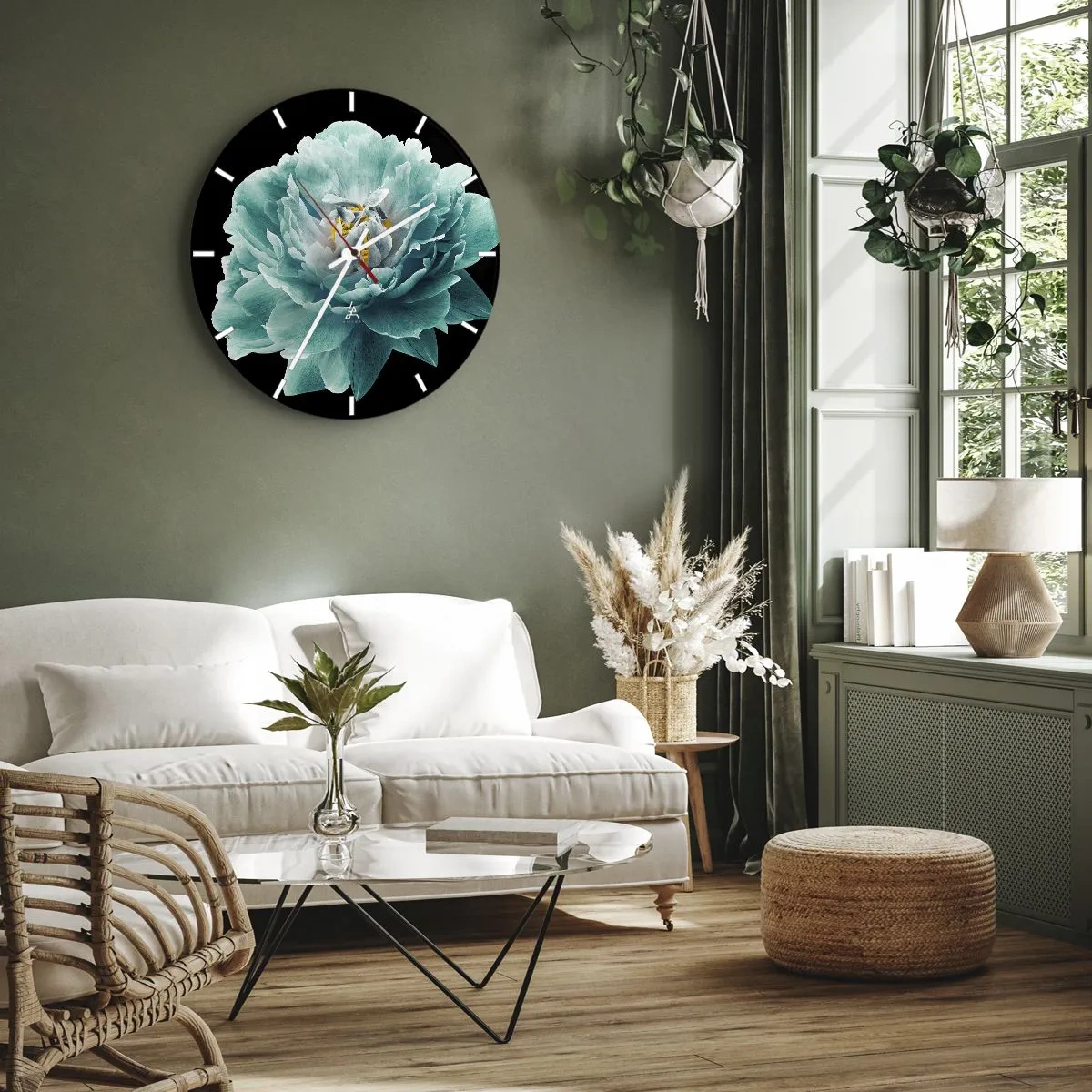 Wandklok - Klok - Turquoise pioenroos op een zwarte achtergrond - 30x30cm - Blauwe en gouden bloemblaadjes - Moderne wanddecoratie voor woonkamer, keuken en slaapkamer ARTTOR