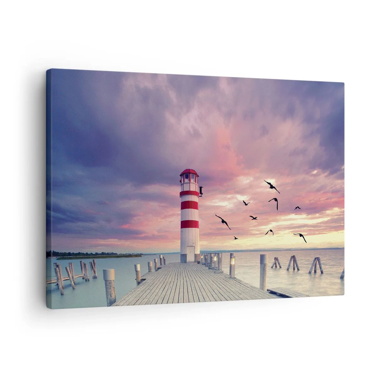 Schilderen op canvas - Een vuurtoren op de pier, omringd door een schilderachtige zonsondergang - 70x50cm - Het is tijd naar de haven te gaan - Moderne wanddecoratie voor woonkamer en slaapkamer ARTTOR