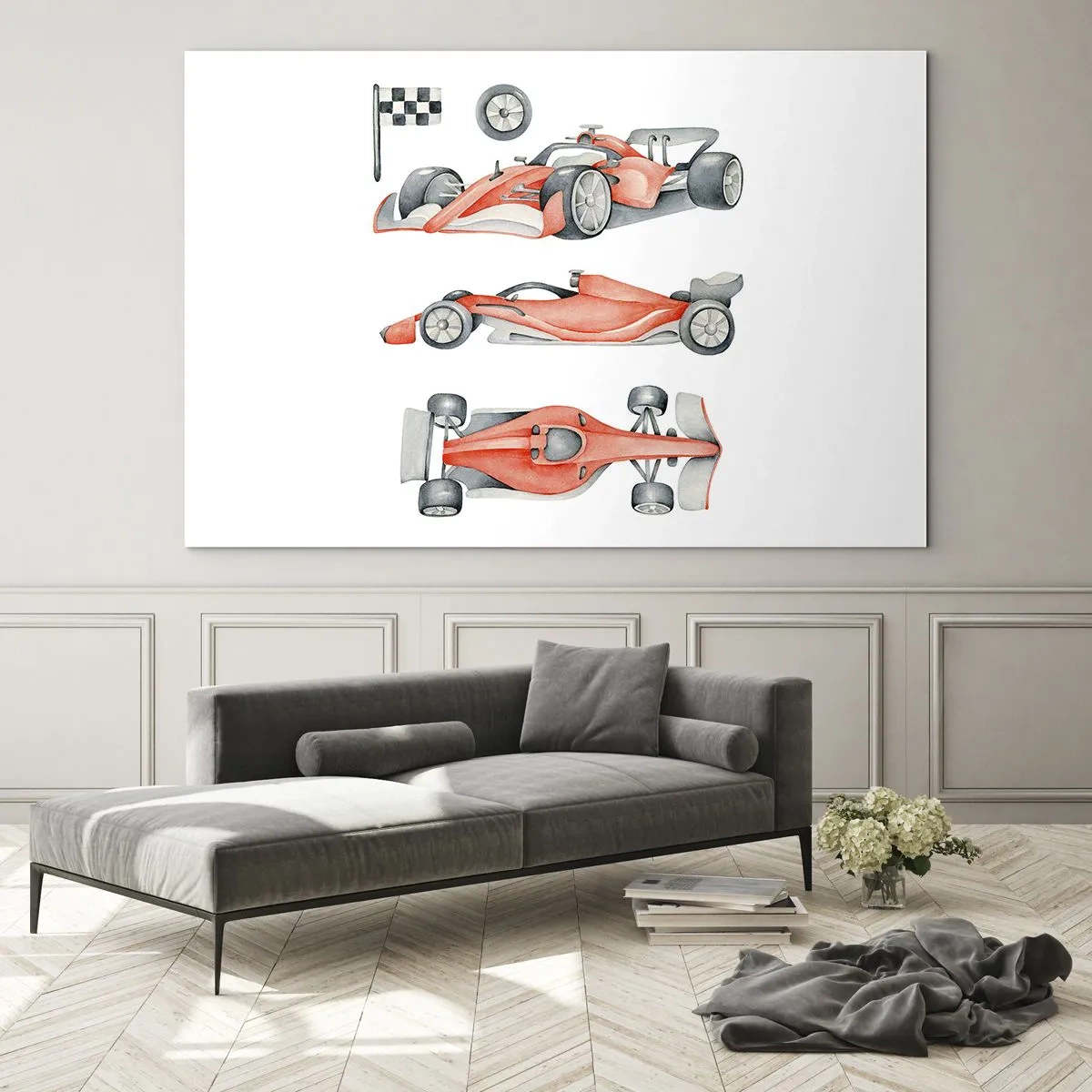 Schilderen op glas - Drievoudige illustratie van een rode raceauto met een racevlag - 70x50cm - Jaag je droom na - Moderne wanddecoratie voor woonkamer en slaapkamer ARTTOR